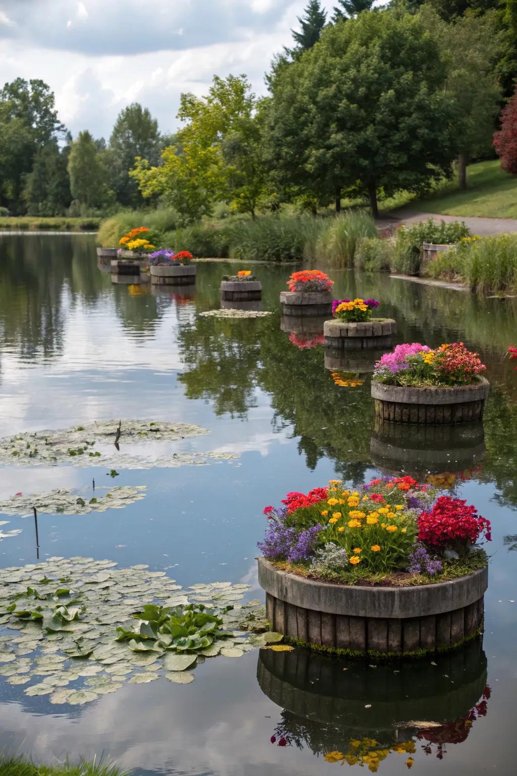Drifting plant holders adding a one-of-a-kind element to an attractive pond.