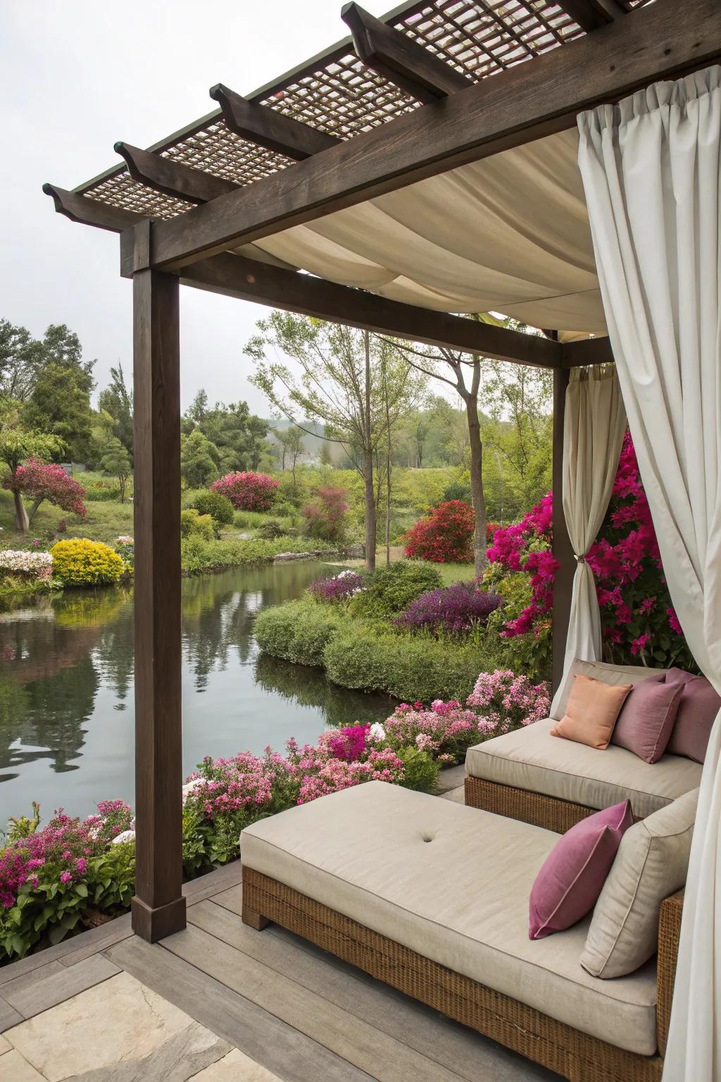 A pergola offers a shaded, stylish seating area by the pond.