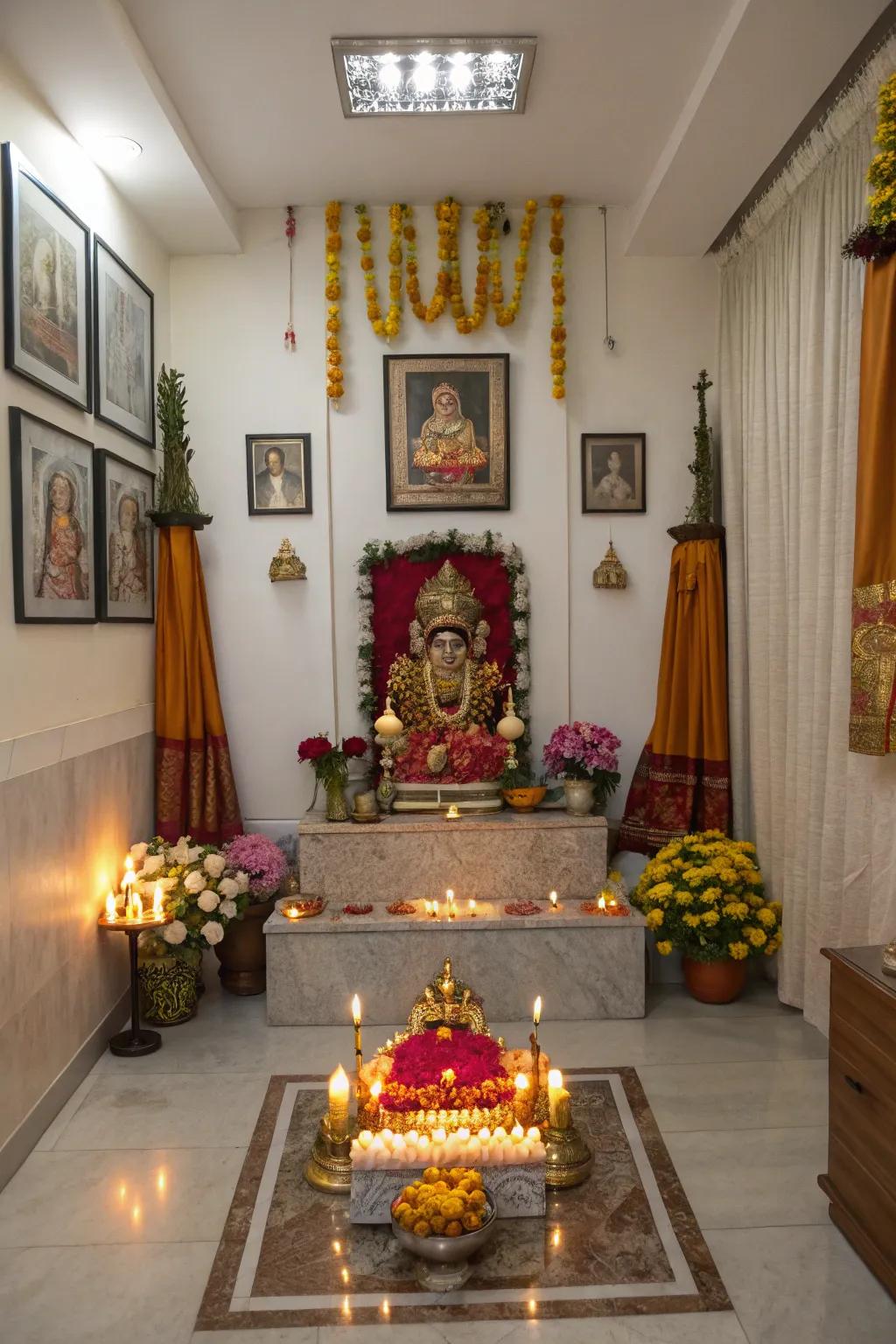 God images take center stage, focusing the spiritual energy of this pooja room.