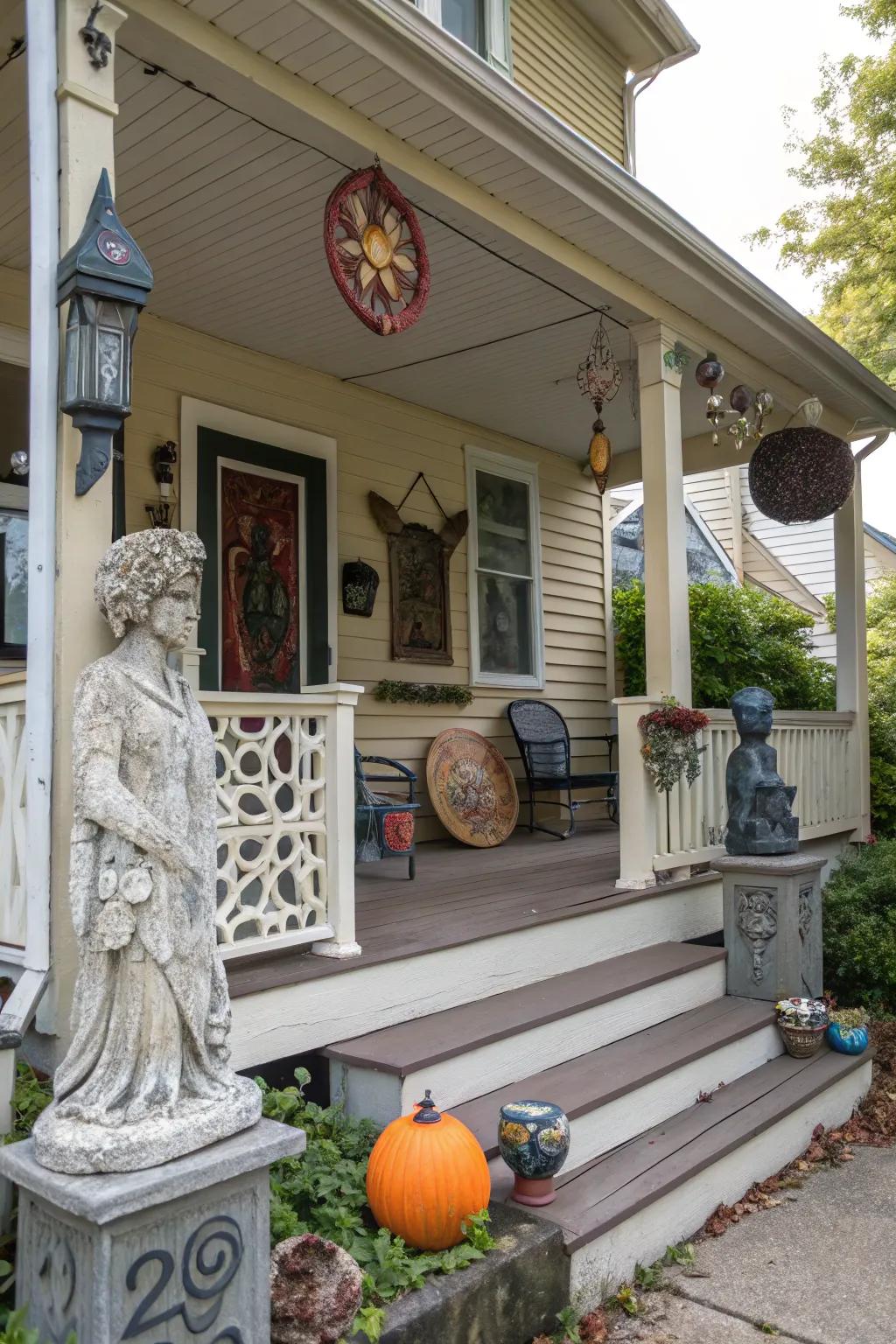 Unexpected art pieces add a unique touch to the porch.