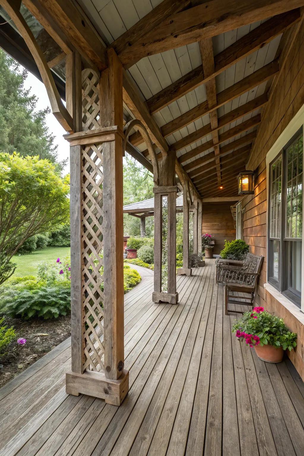 A porch extension with rustic wooden beams and elements.