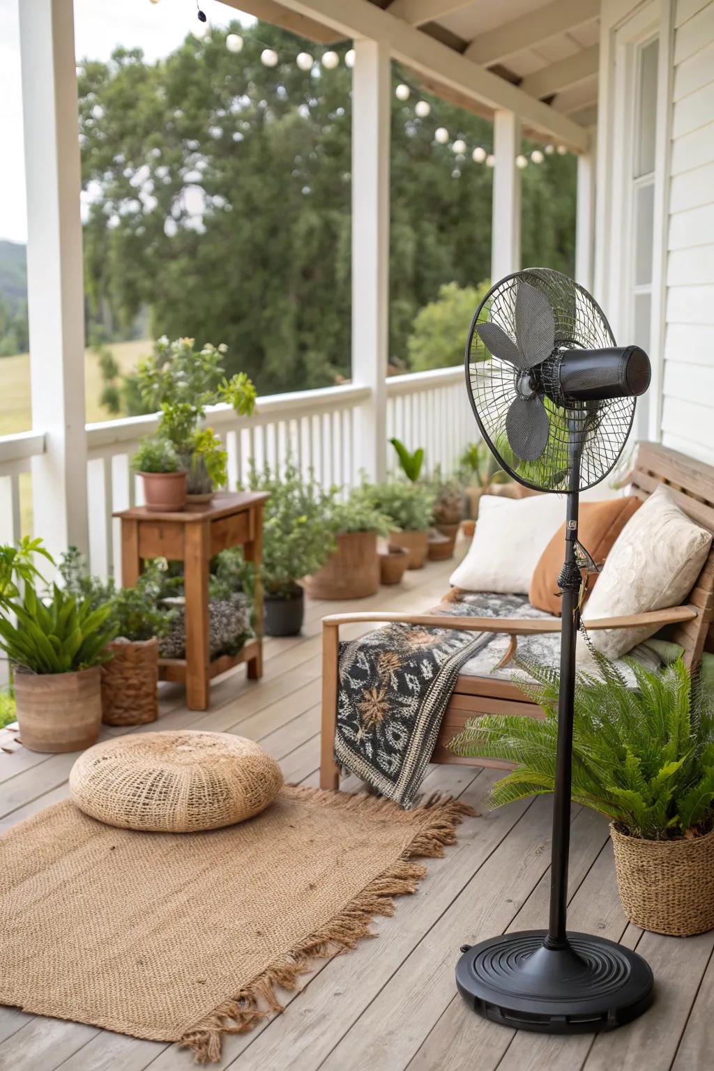 A solar-powered fan provides eco-friendly cooling on this sustainable porch.