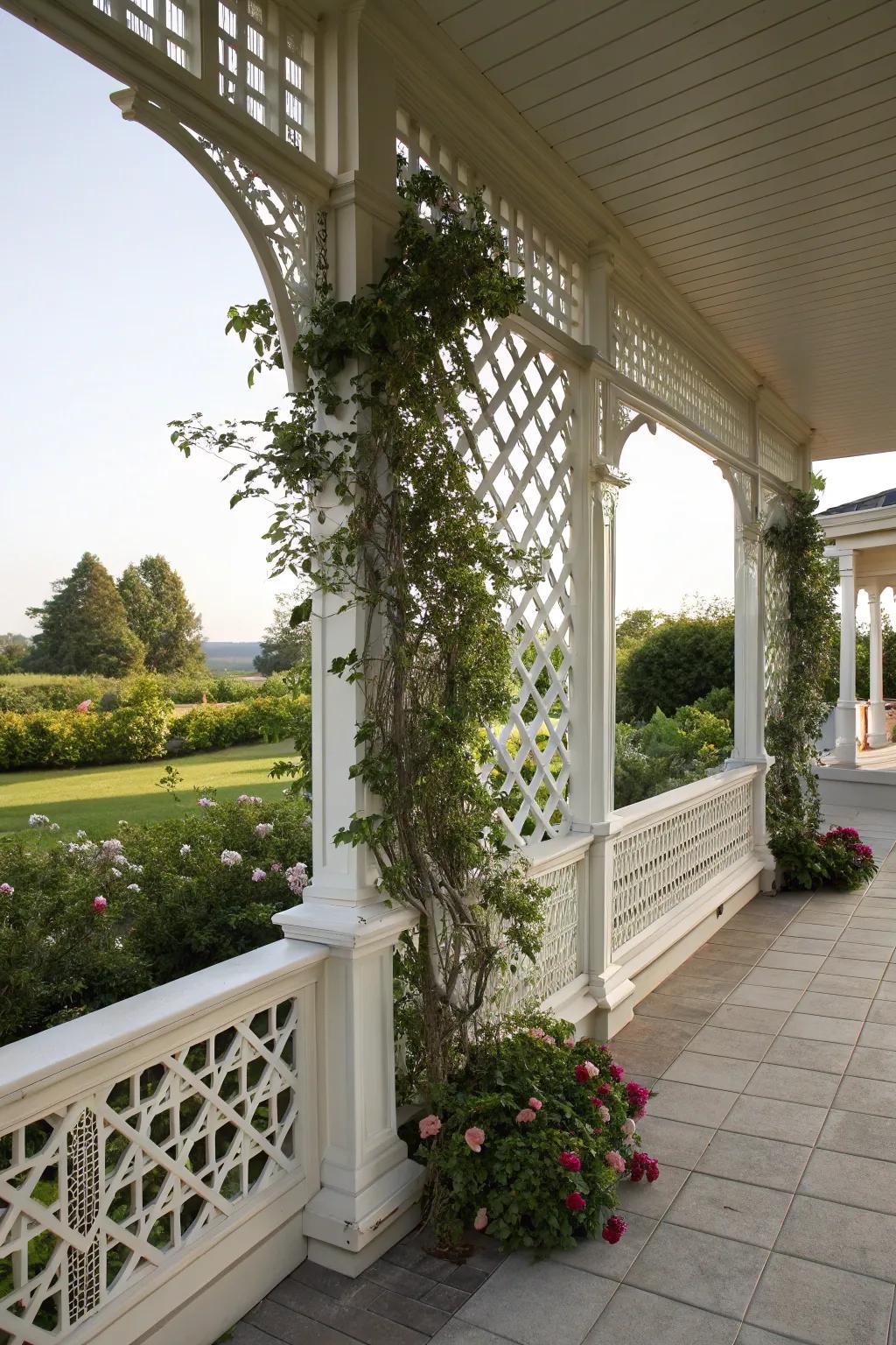 A lattice-infused knee wall that supports lush greenery.