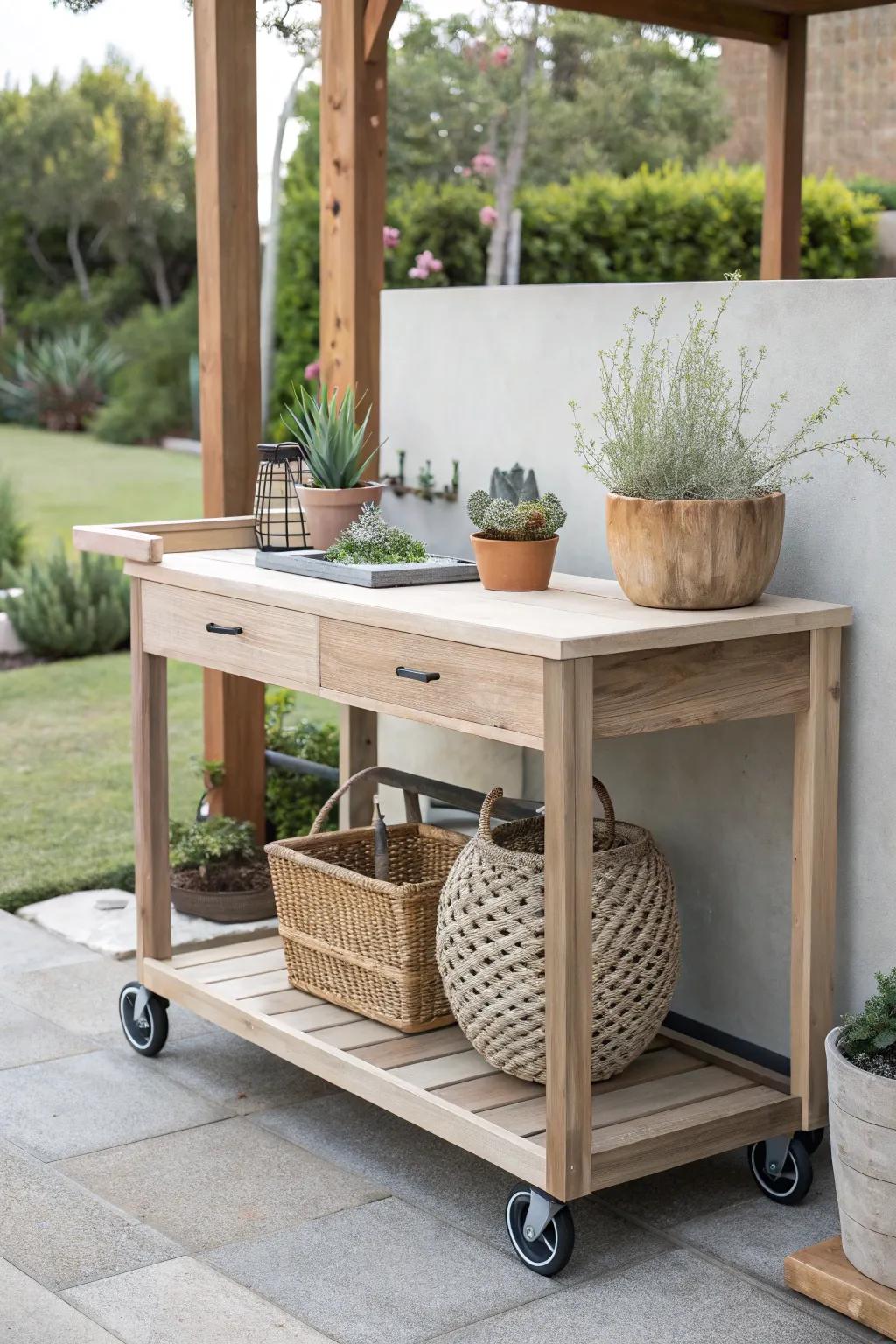 Transform your garden workspace with a stylish, mobile potting bench that blends Scandinavian simplicity with boho flair.