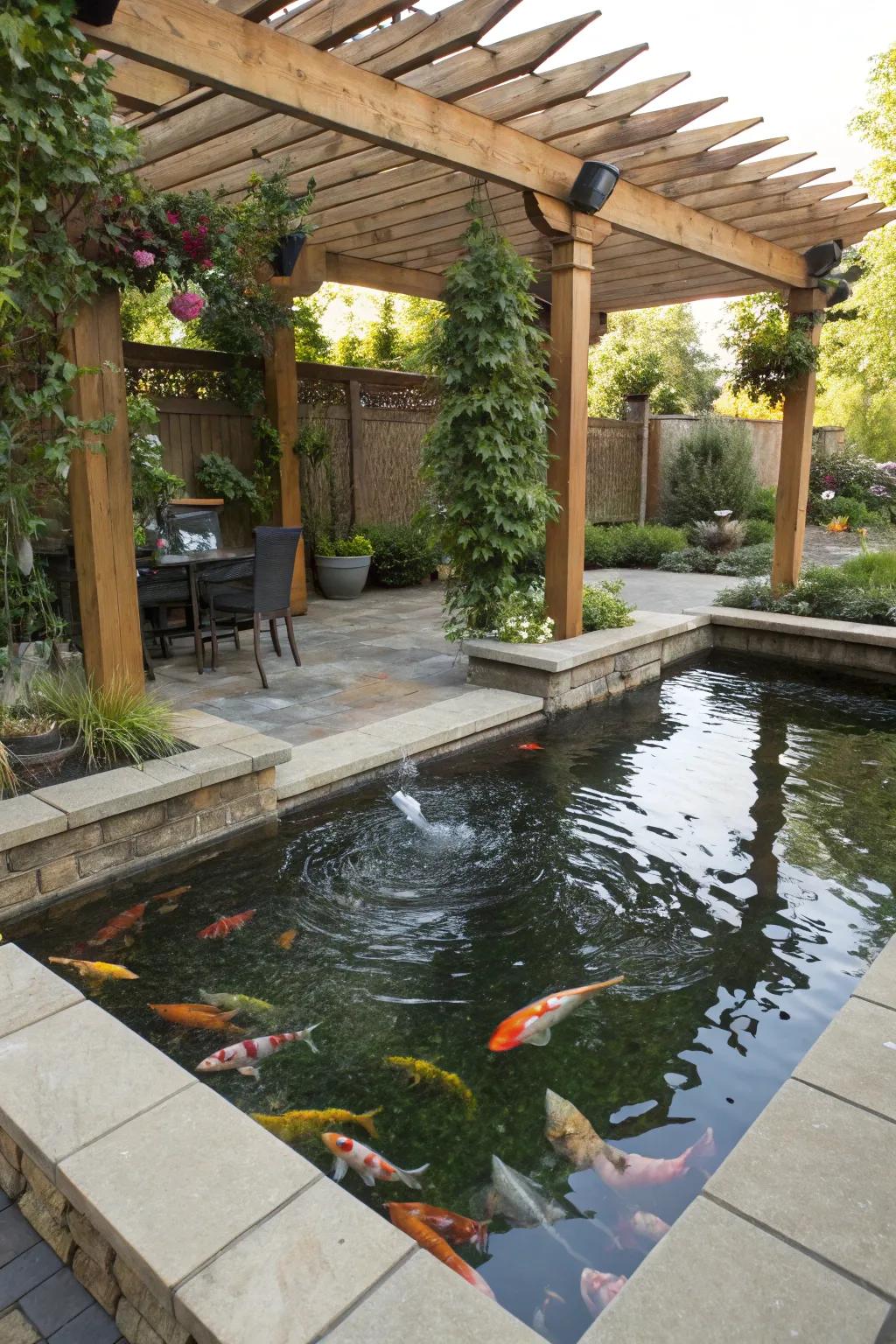A shaded retreat with a pergola over an elevated koi pond.