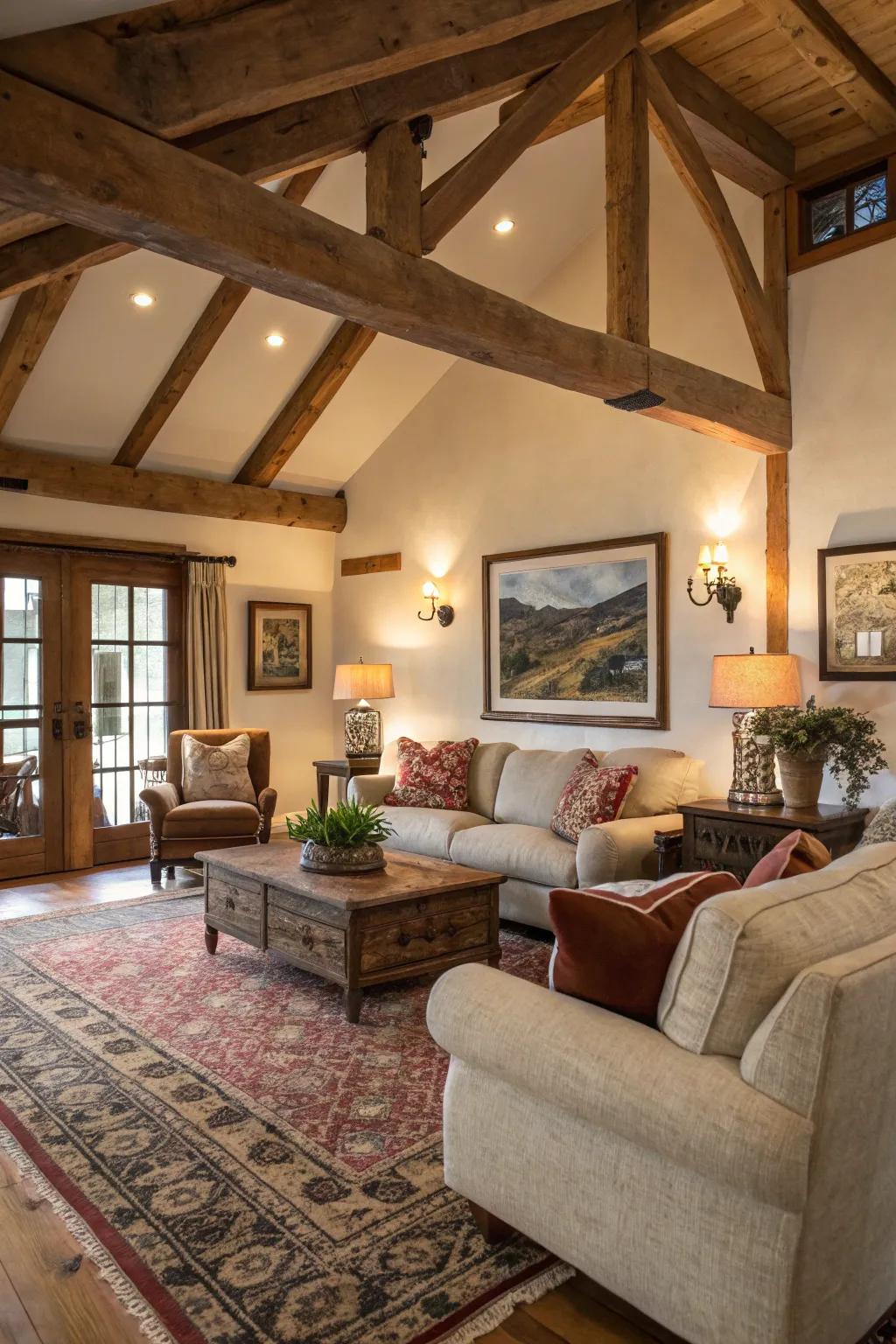 Exposed wood beams add rustic charm to this ranch house's interior.