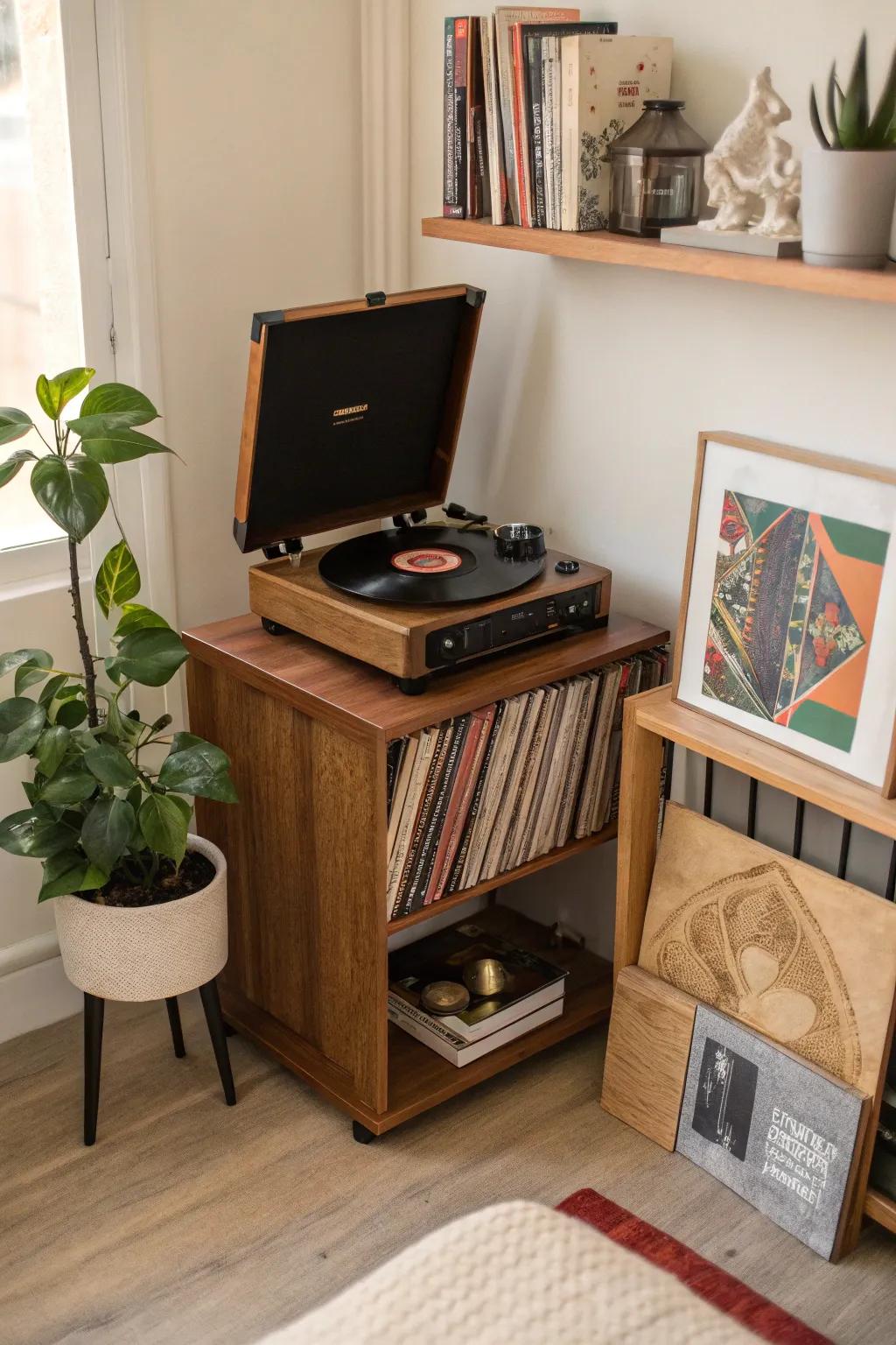 Compact corner setup for a record player and vinyl collection.