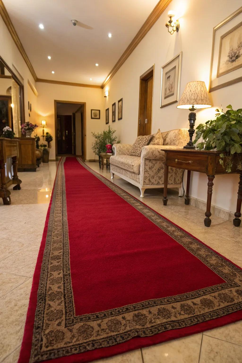 A crimson path carpet improves the flow in a long, small lounge area.