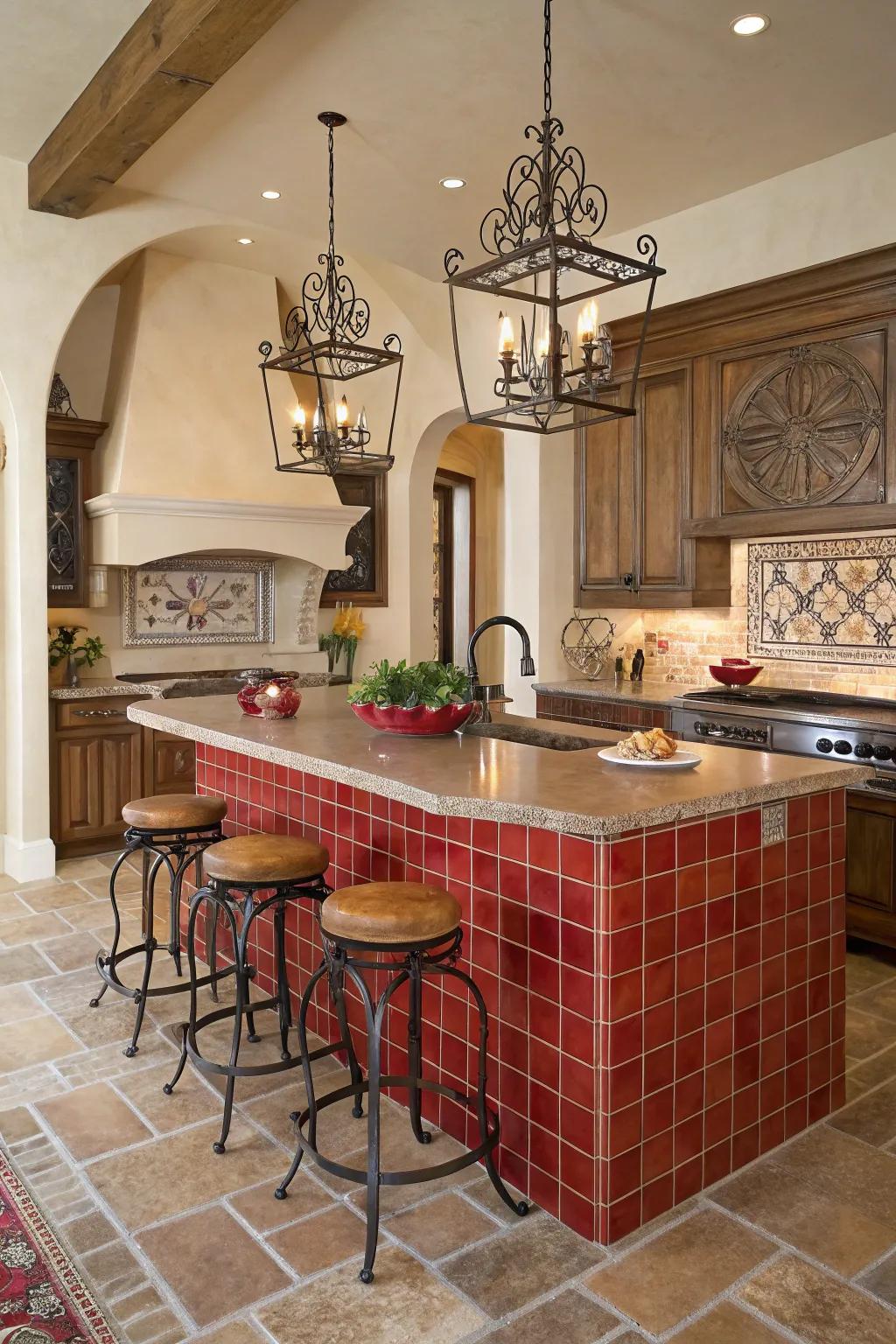 A Mediterranean-inspired kitchen island with red tiles.