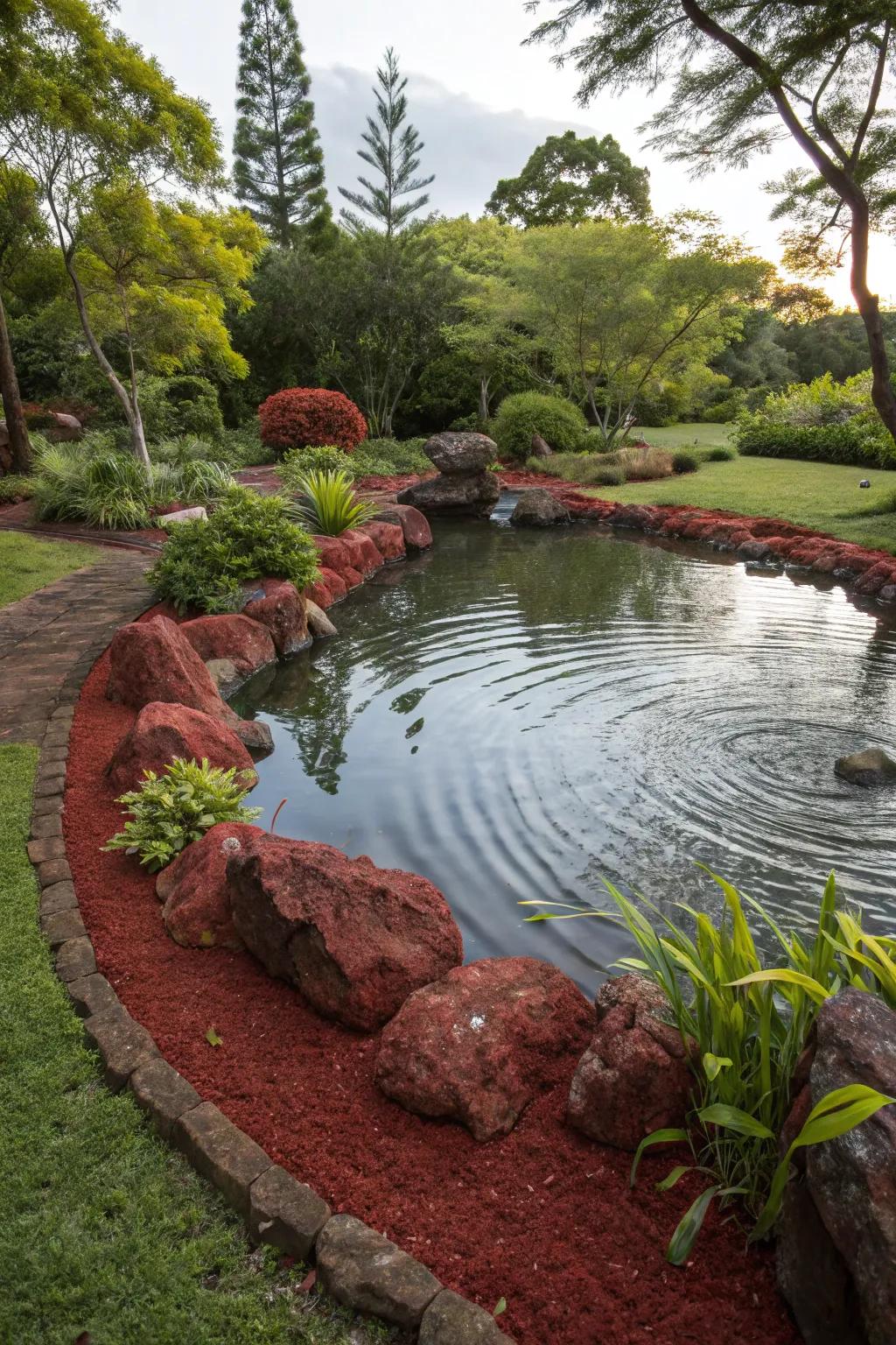 Red lava rocks enhance the natural beauty of a garden pond.