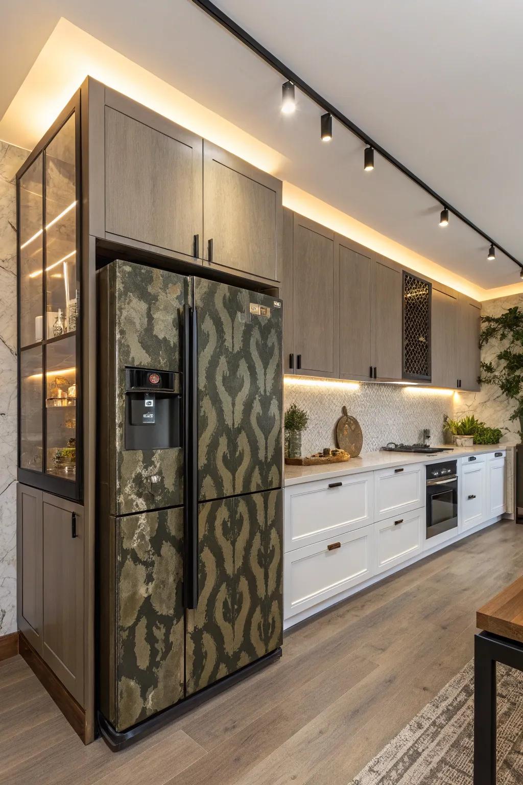 A hidden refrigerator blends seamlessly into the kitchen cabinets.
