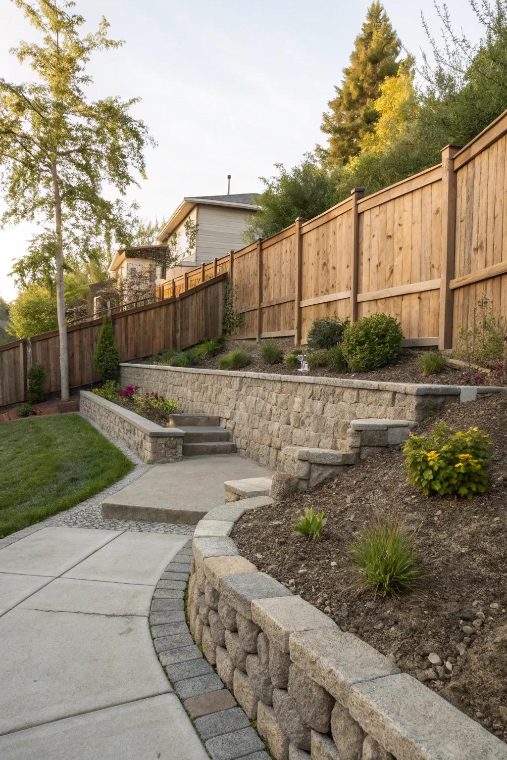 A distinctive mixture of textures in retaining walls and fencing.