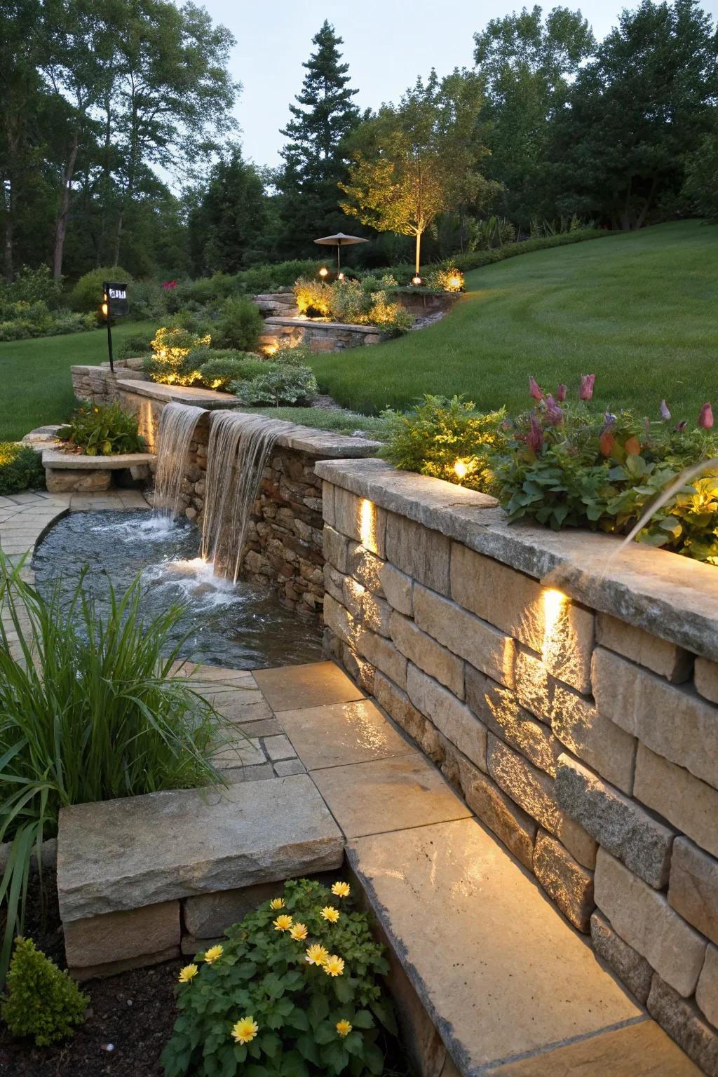 A cascade feature imparts serenity to your retaining wall.