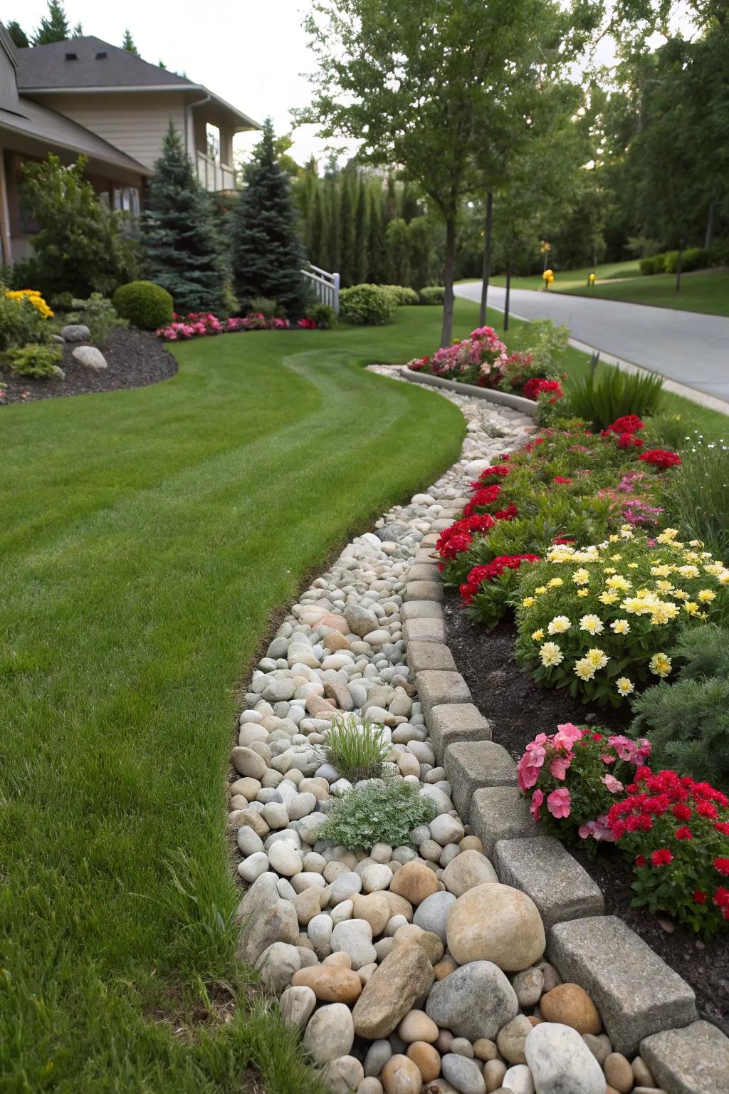 Stream stone edging defines and improves the beauty of lawn and garden areas.