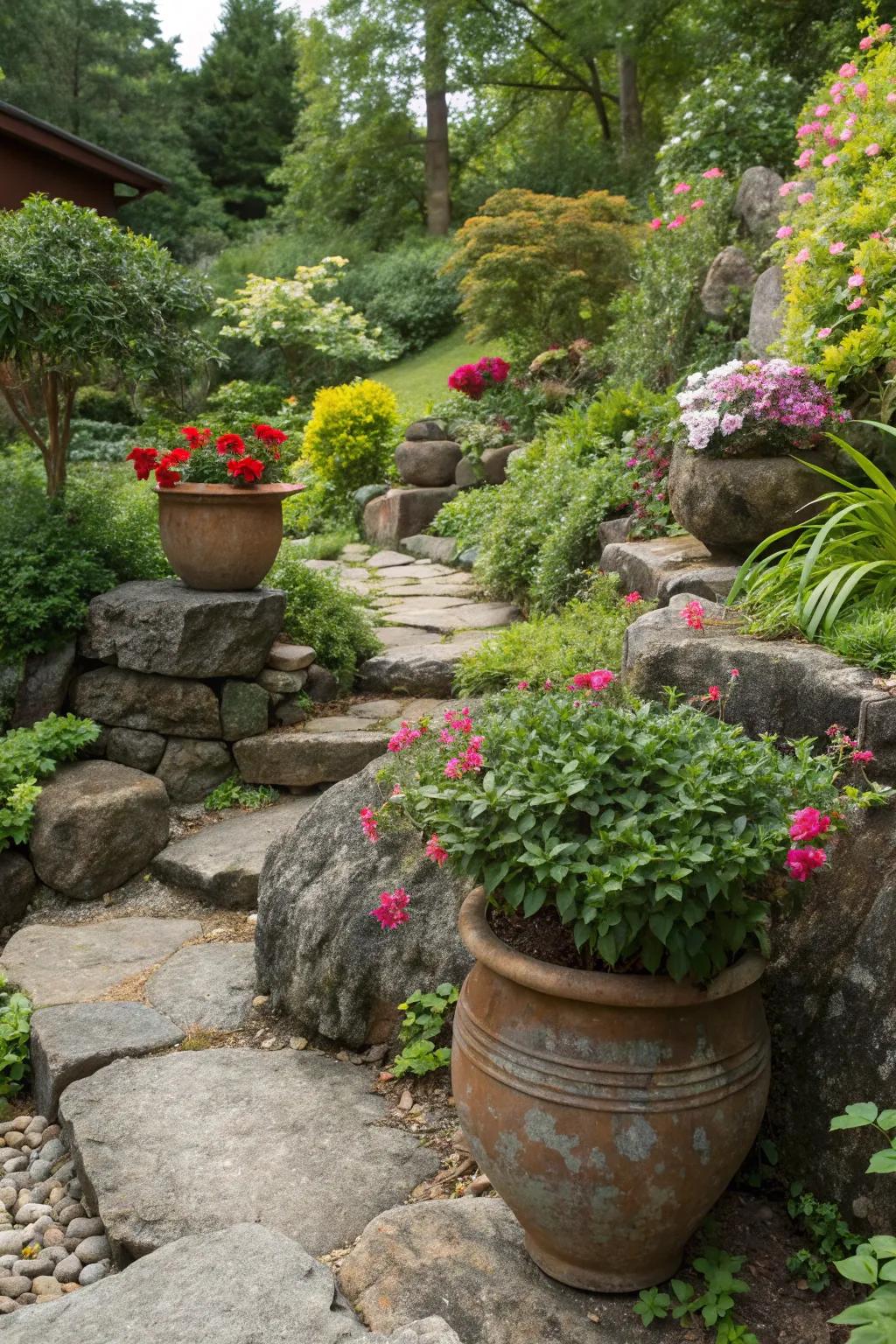 Enclosed flora among stones delivers adaptability and added color.