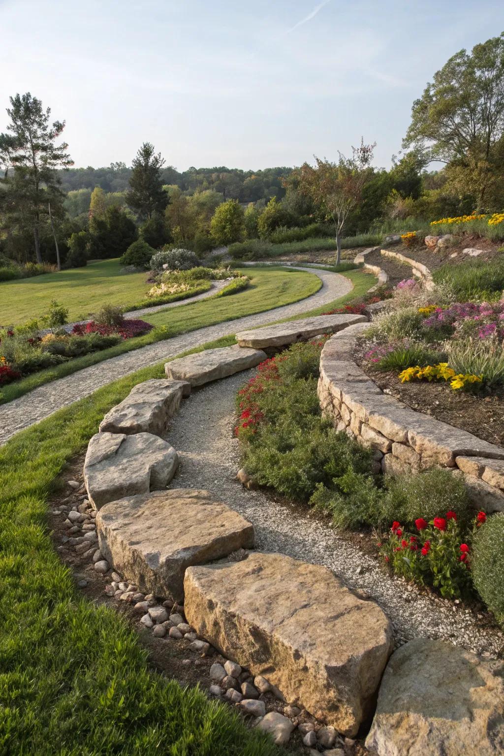 Curved stone edging bringing a fun element to a garden scenery.