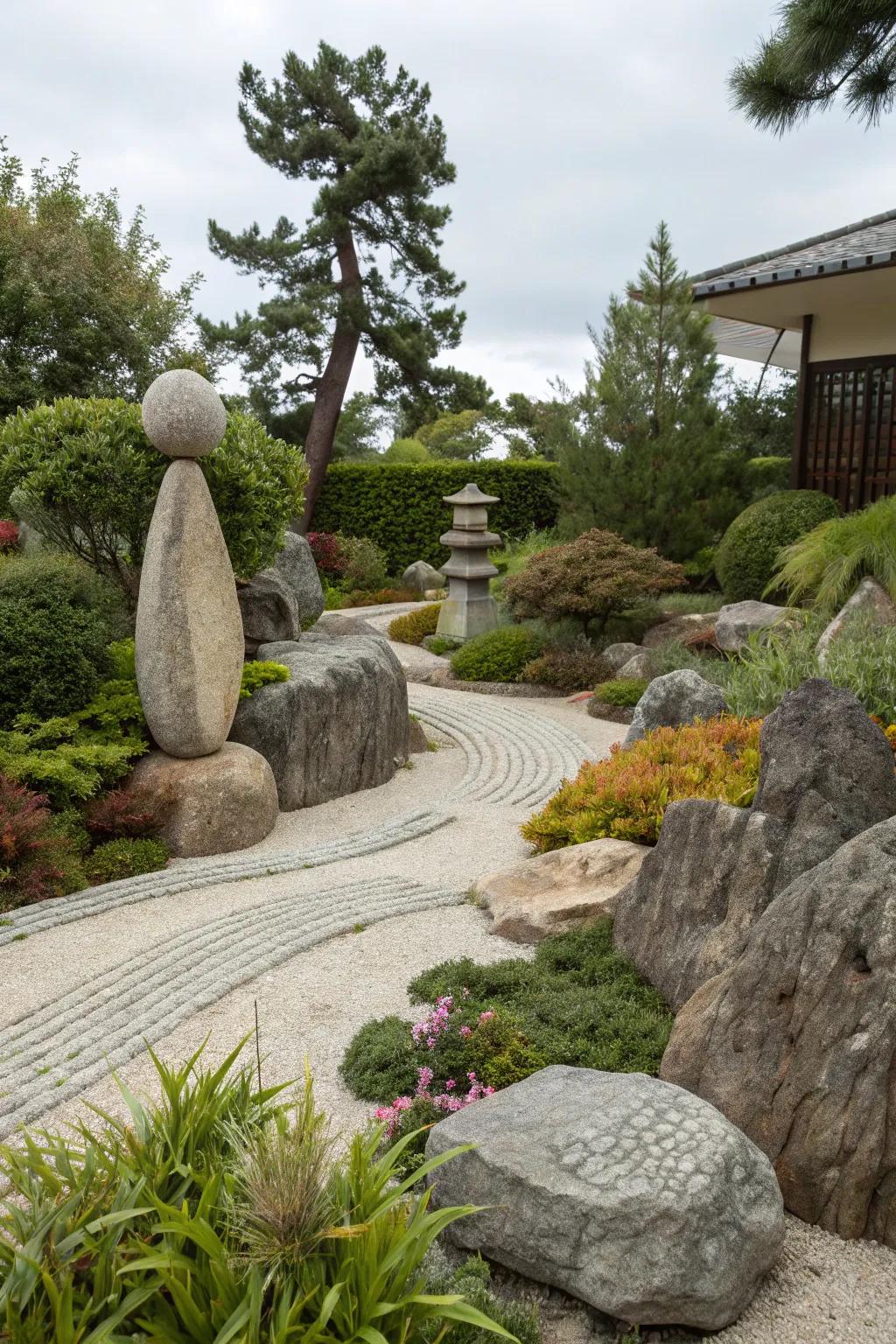 A stone sculpture placed in a rock garden that blends in perfectly.
