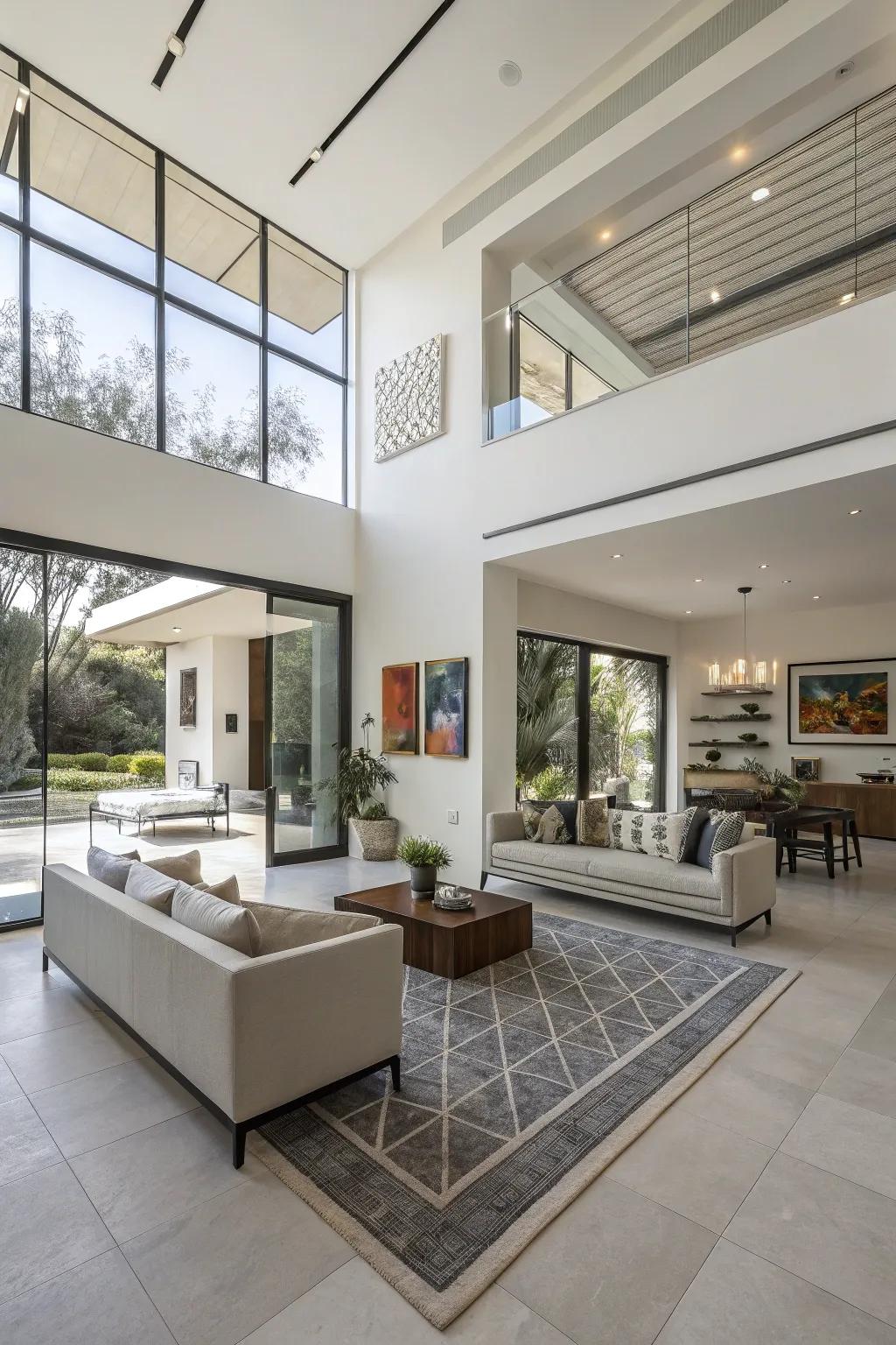 A modern space with open flow and geometric accents.