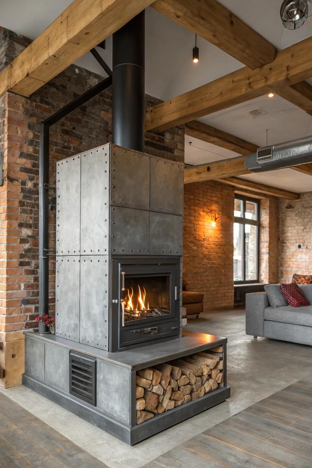 Industrial-style fireplaces infuse loft spaces with edgy sophistication.