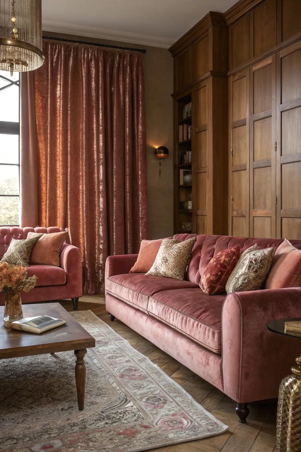 Layered textiles establish depth and interest within the living space.