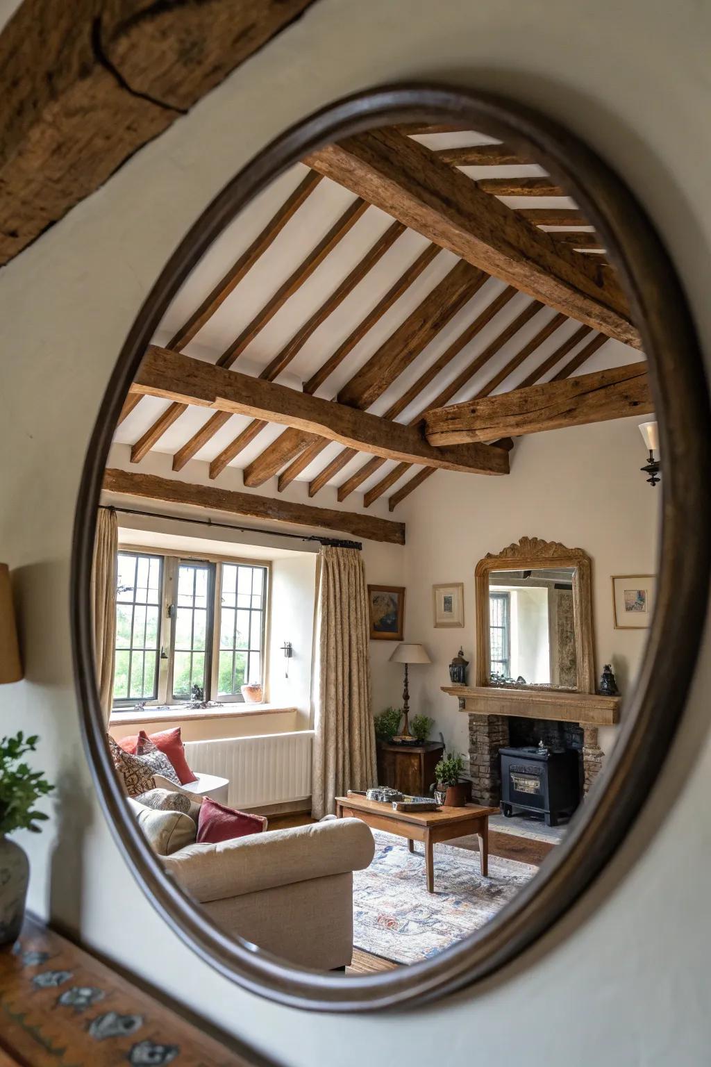 A circular mirror showcasing architectural brilliance in a character-rich living space.