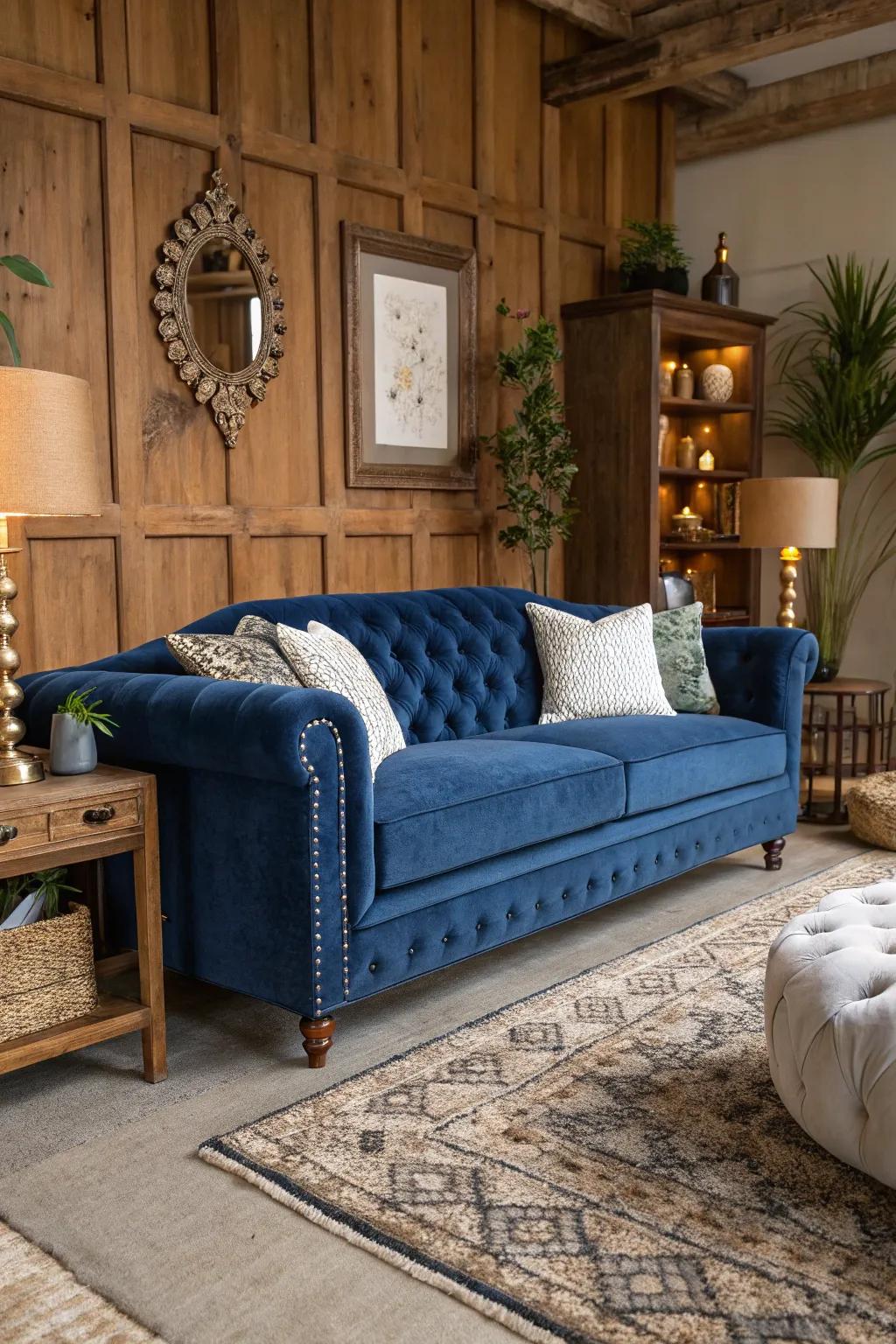 A medley of textures surrounding the cobalt settee contributes dimension and visual intrigue.