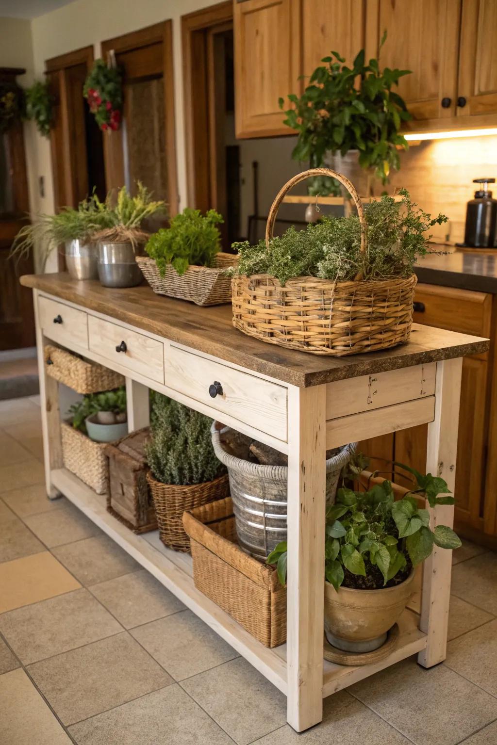 A farmhouse-style cooking space hub adorned with ornamental plants and bins.