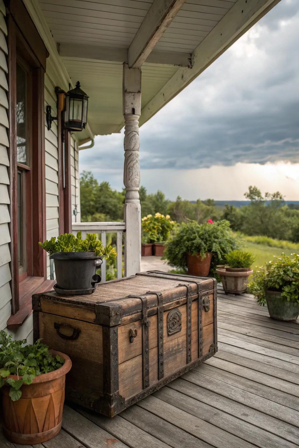 A vintage chest adds a decorative and functional touch to a rustic porch.