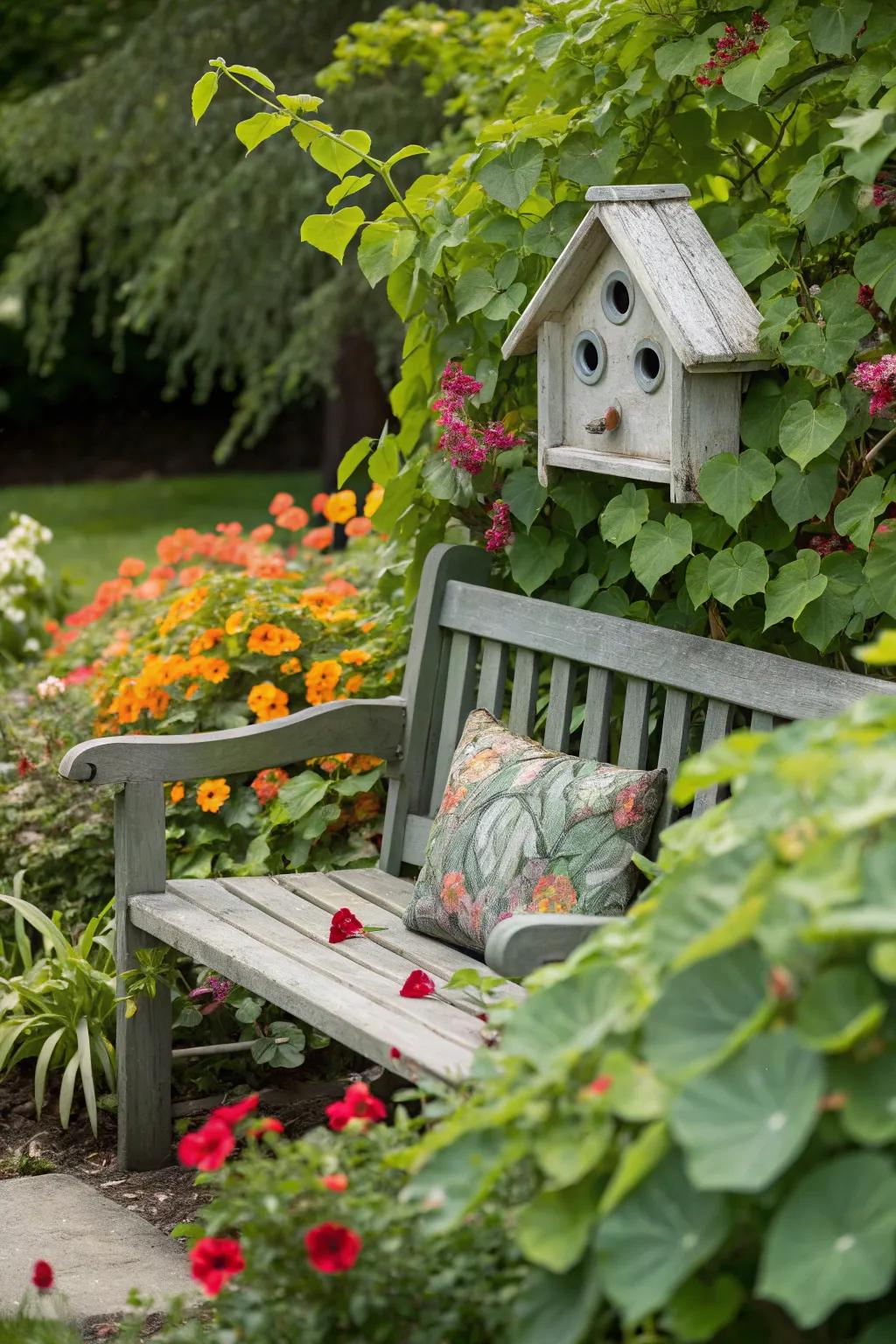 A whimsical garden bench with birdhouse accents on the backrest.