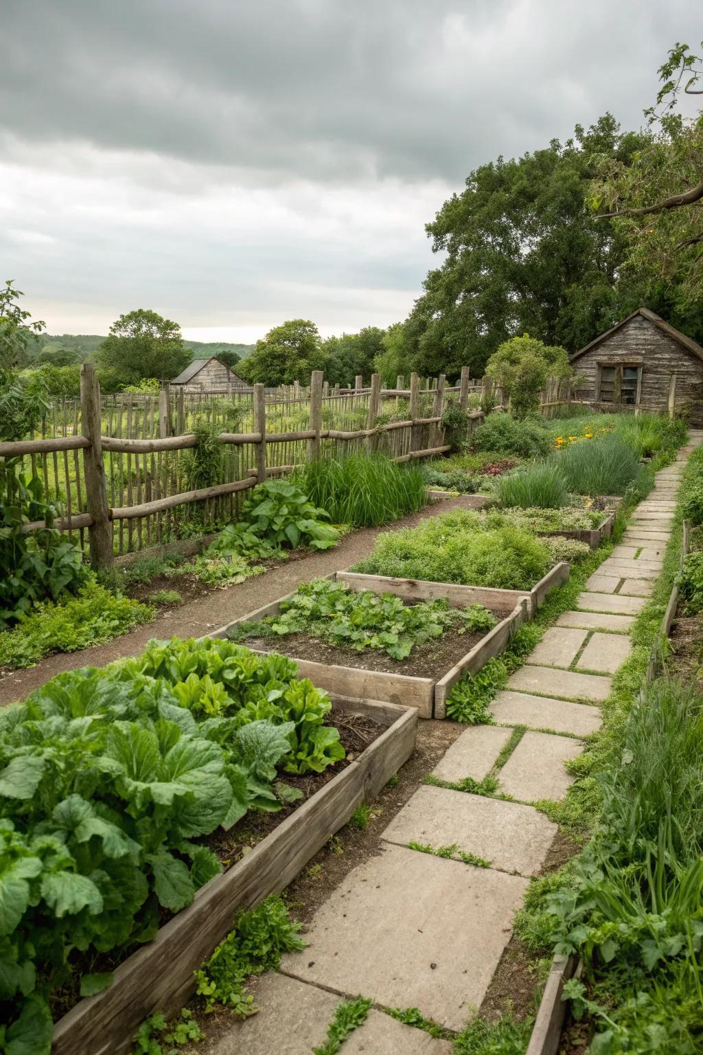A flourishing veggie and herb garden in a countryside setting.