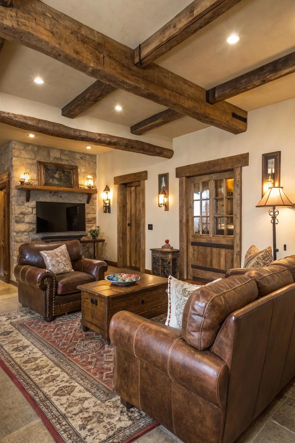 Leather furniture with a worn look adds comfort and character to rural spaces.