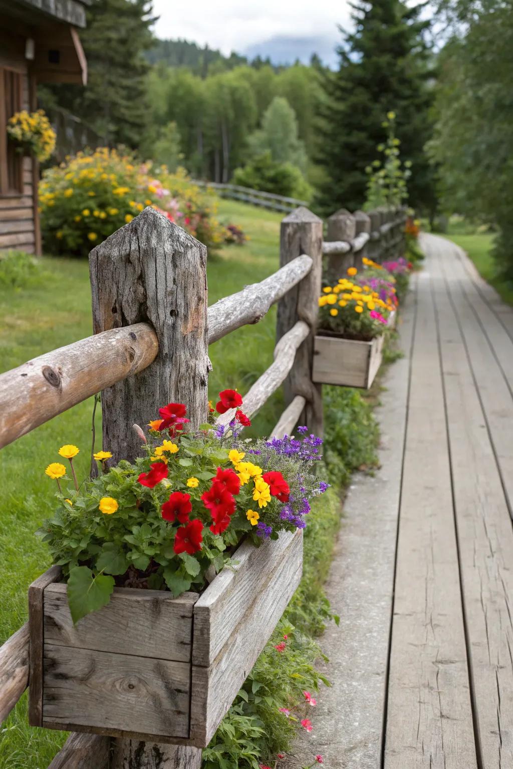 Planter boxes affixed to a log fence breathe vibrant vitality into a rustic tableau.