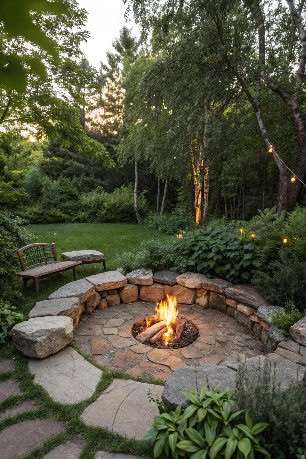 Natural rock seating creates a welcoming fire pit area.