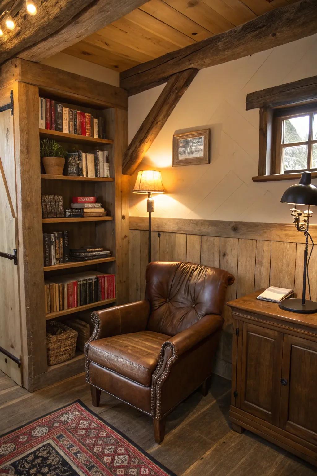 A cozy reading nook provides a retreat in a rustic office.
