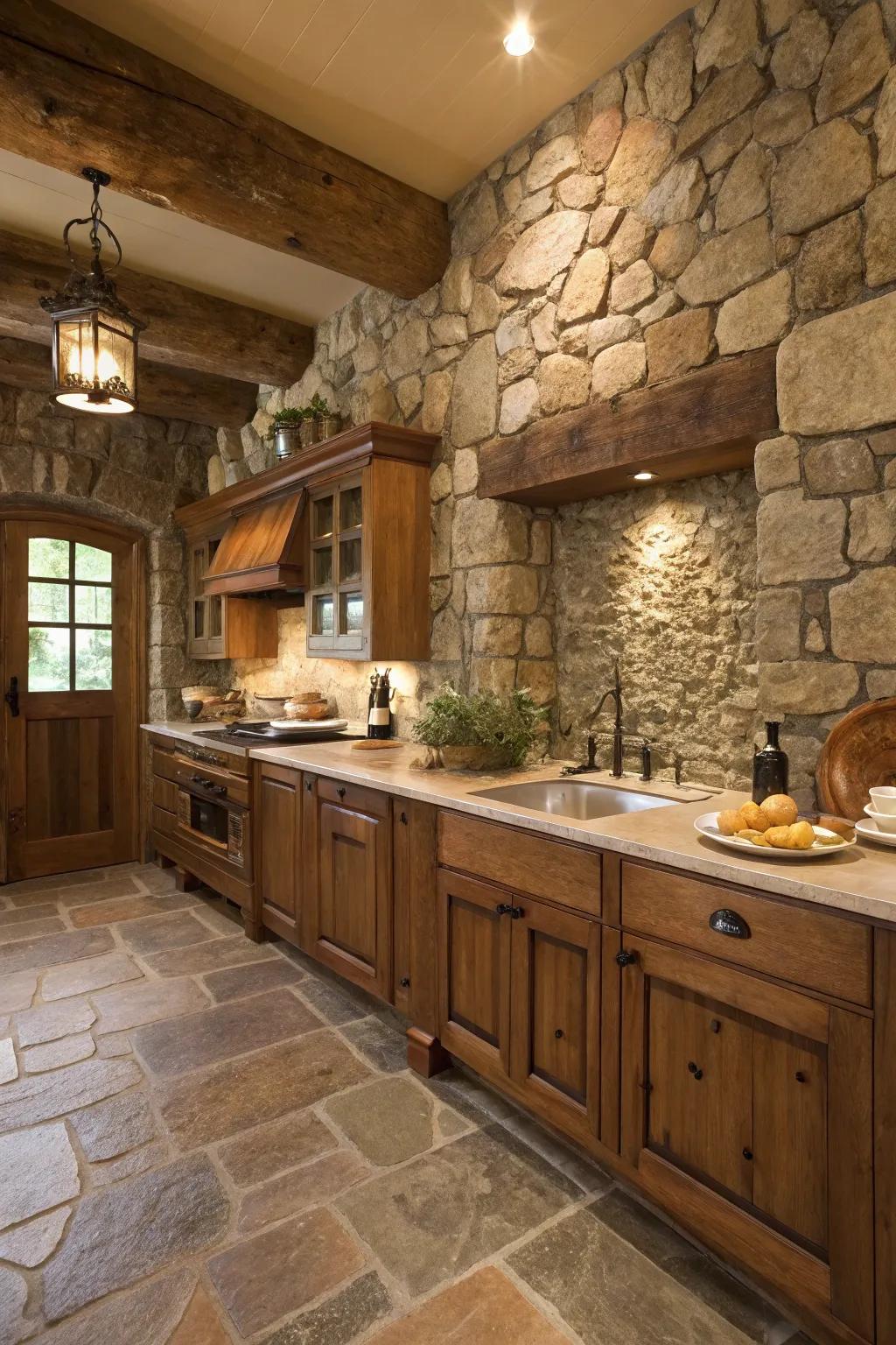 Stonework incorporates raw texture to this rustic kitchen.