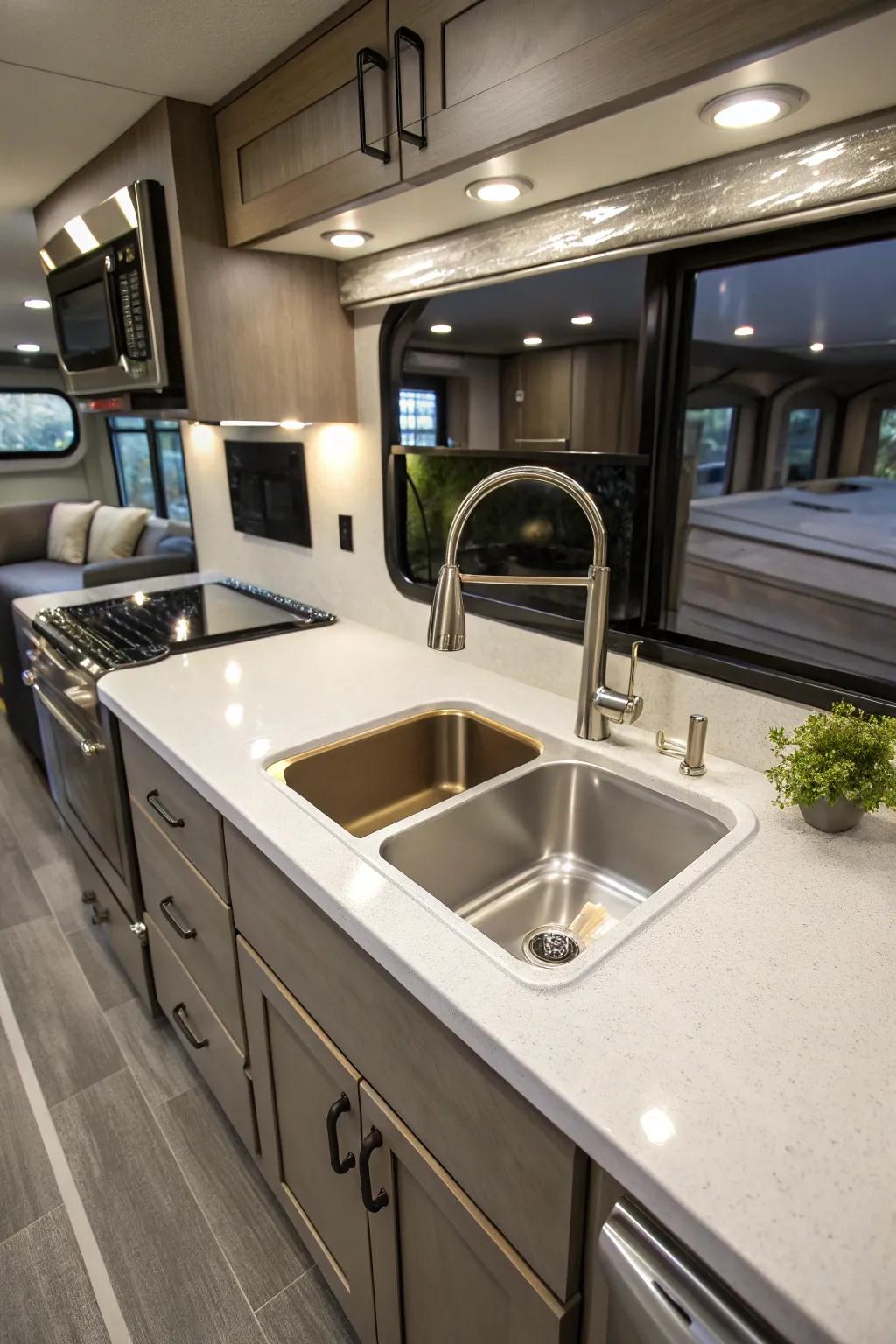 A below-counter sink achieves a polished look in an RV kitchen.