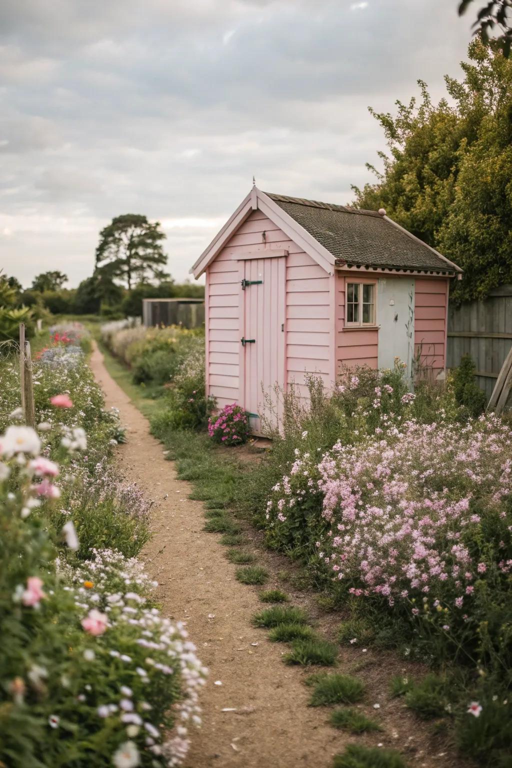 Soft pastels contribute a gentle nuance to your garden shed.