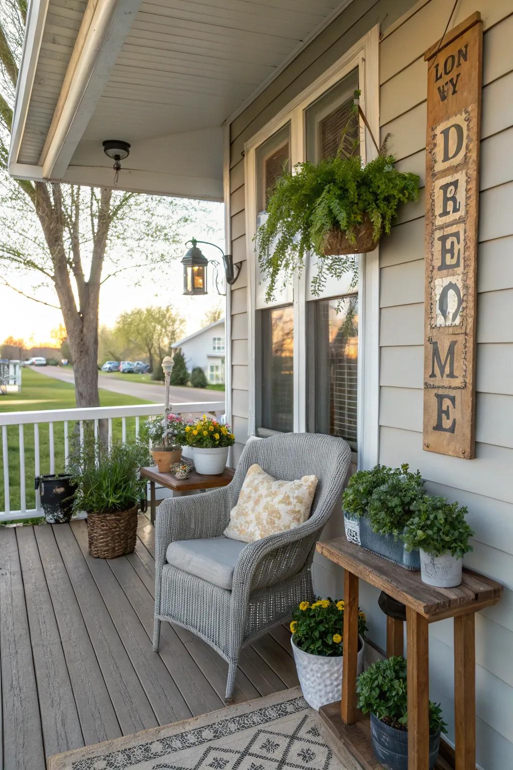 Personal touches bringing character to the side porch.
