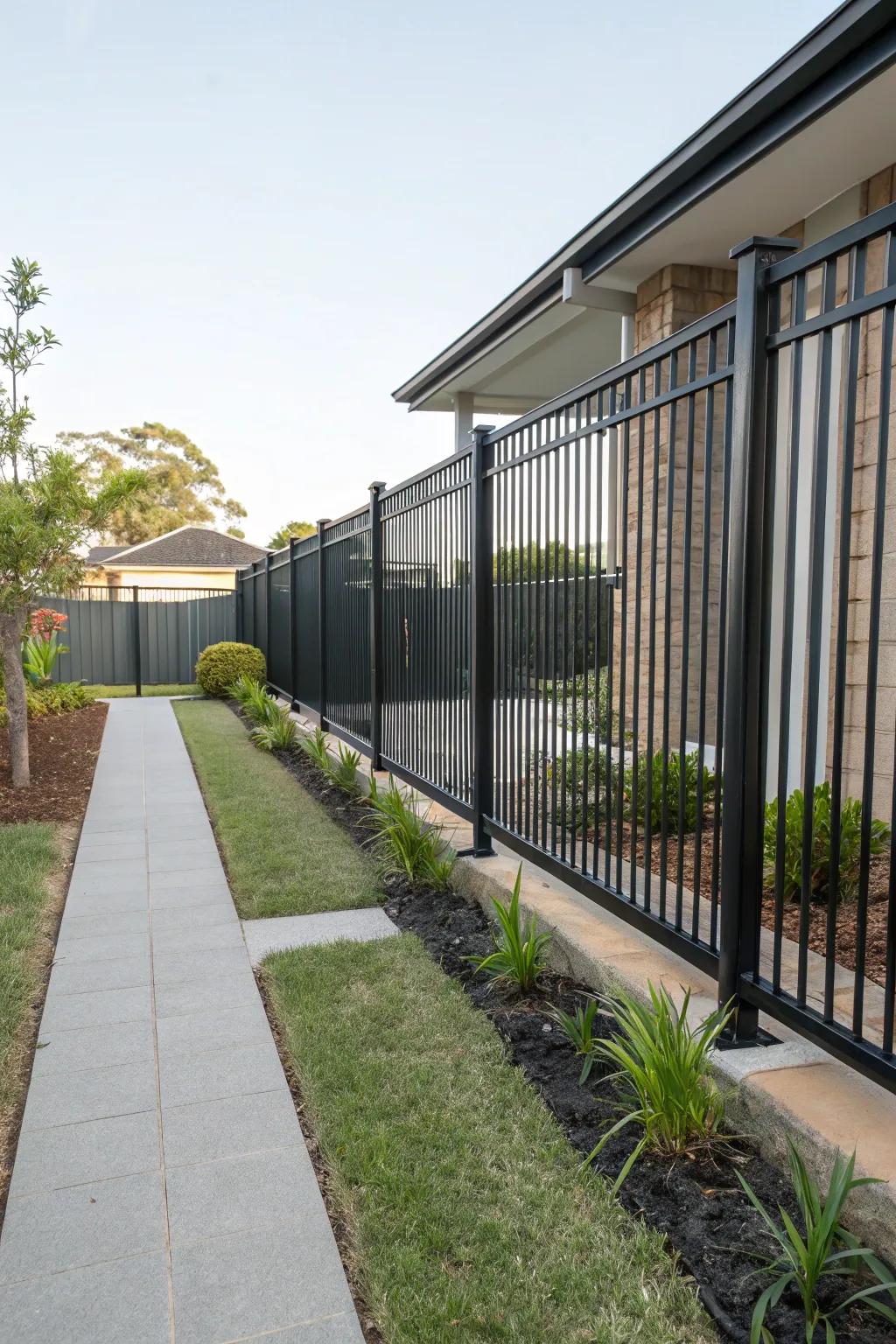 Modern side yard with black metal fence.