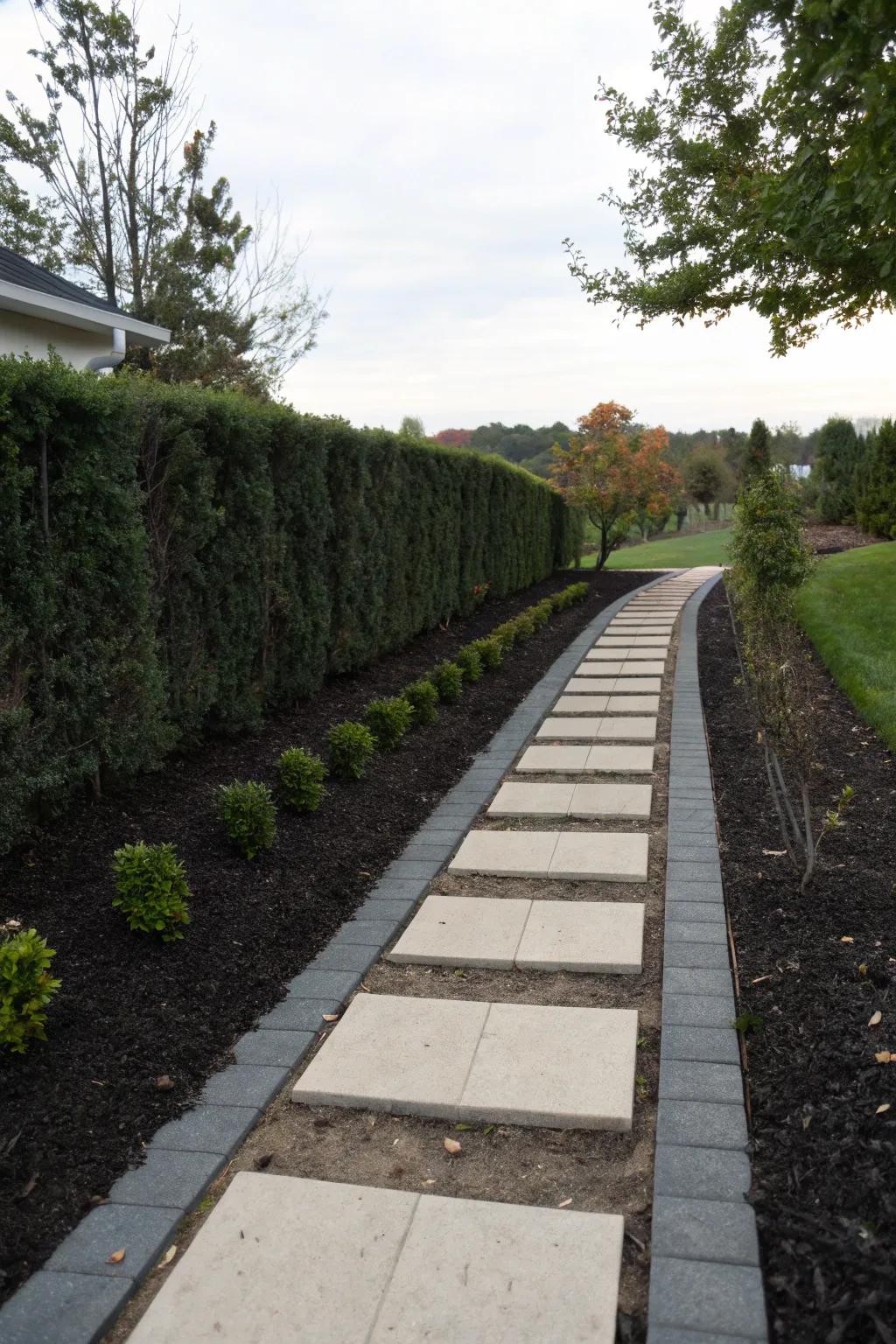 Ground cover borders provide contrast and tidy up your side yard walkway.