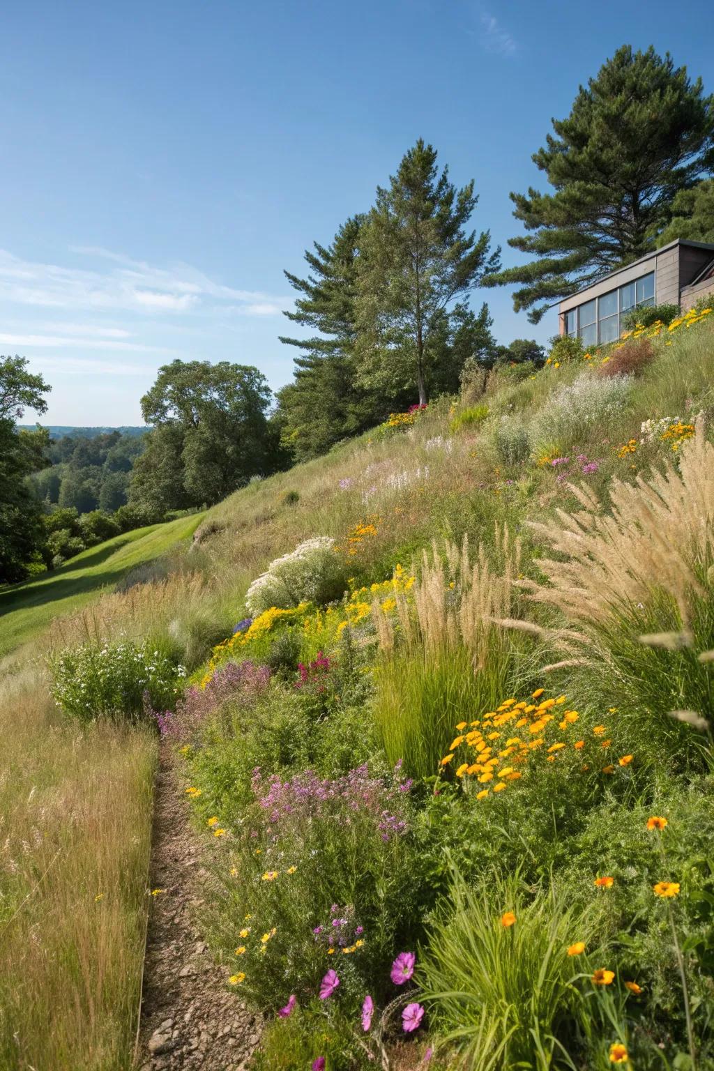 Natural landscaping thrives beautifully on slopes.