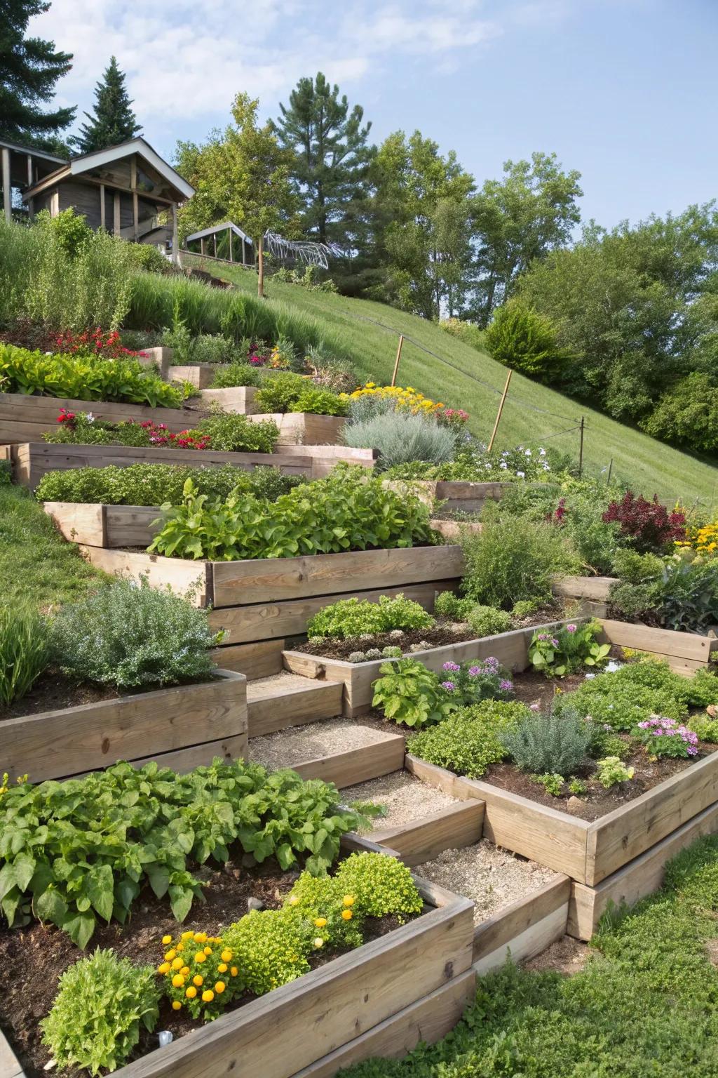 Tiered planting beds make depth and visual allure.