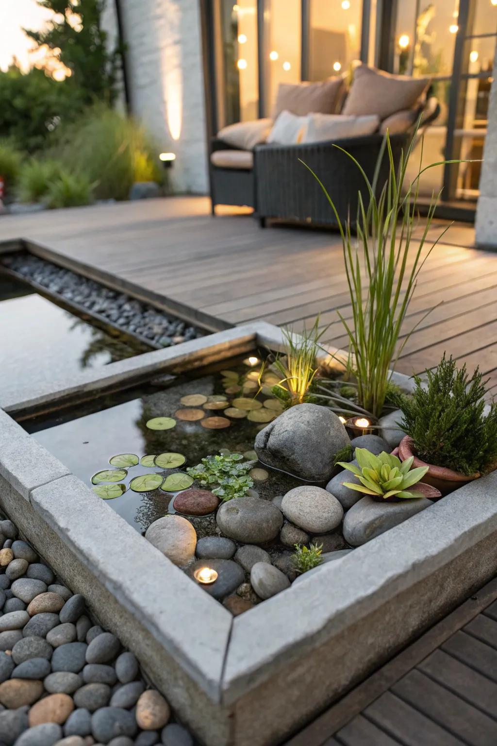 A Zen container pond offers a minimalist touch of tranquility.