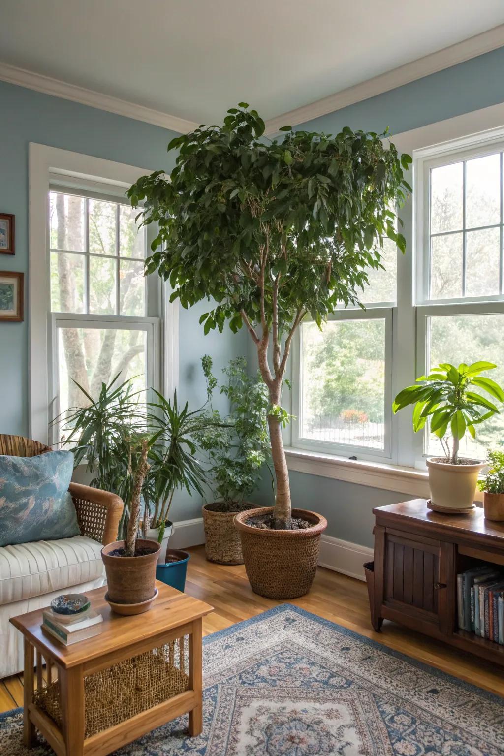 Greenery enhances the natural and welcoming feel of a living room.
