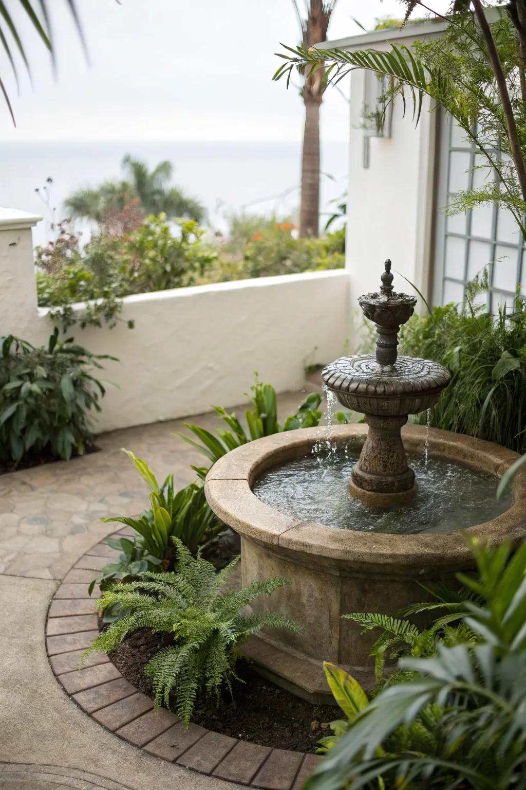 A water feature adds serenity and a calming ambiance.