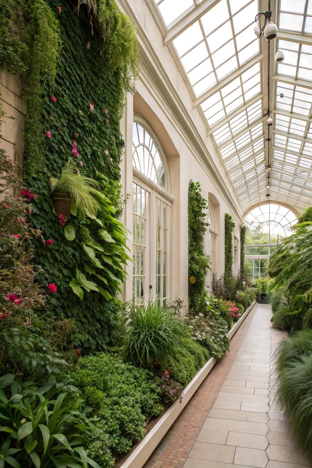 A vertical garden adds unexpected greenery and charm.