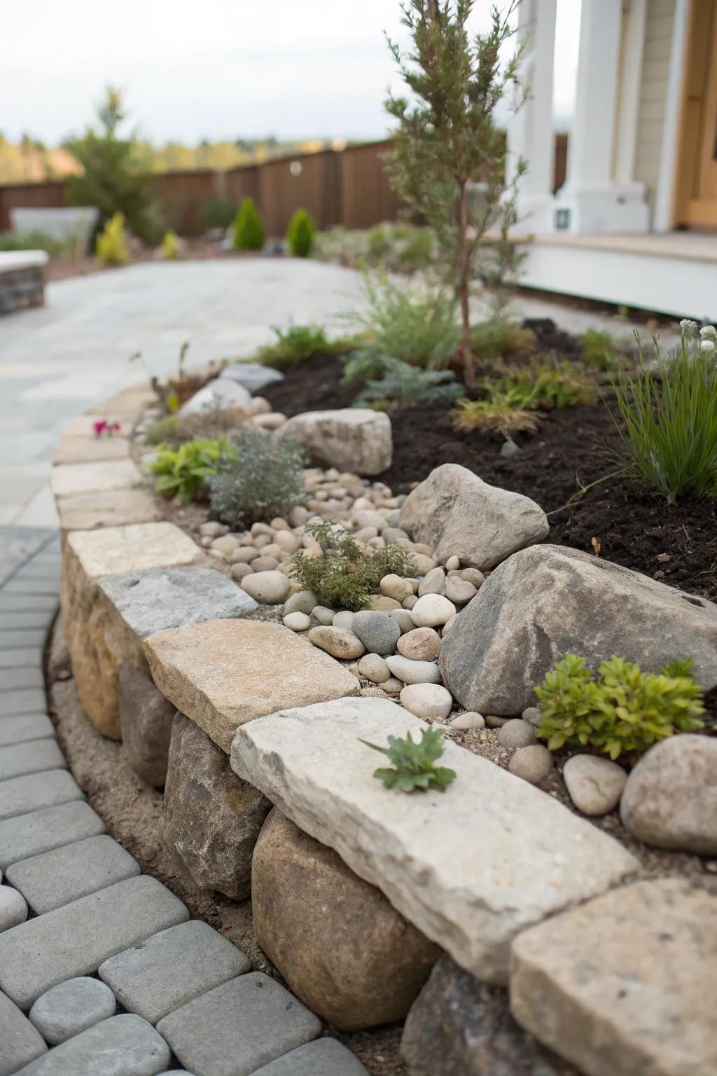 Elegant stone edging outlines this corner rock garden.