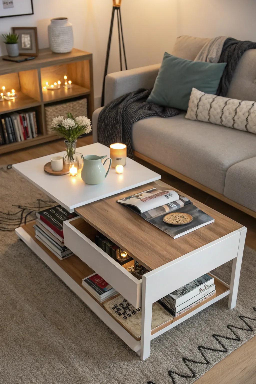 A functional coffee table enhances utility and style.