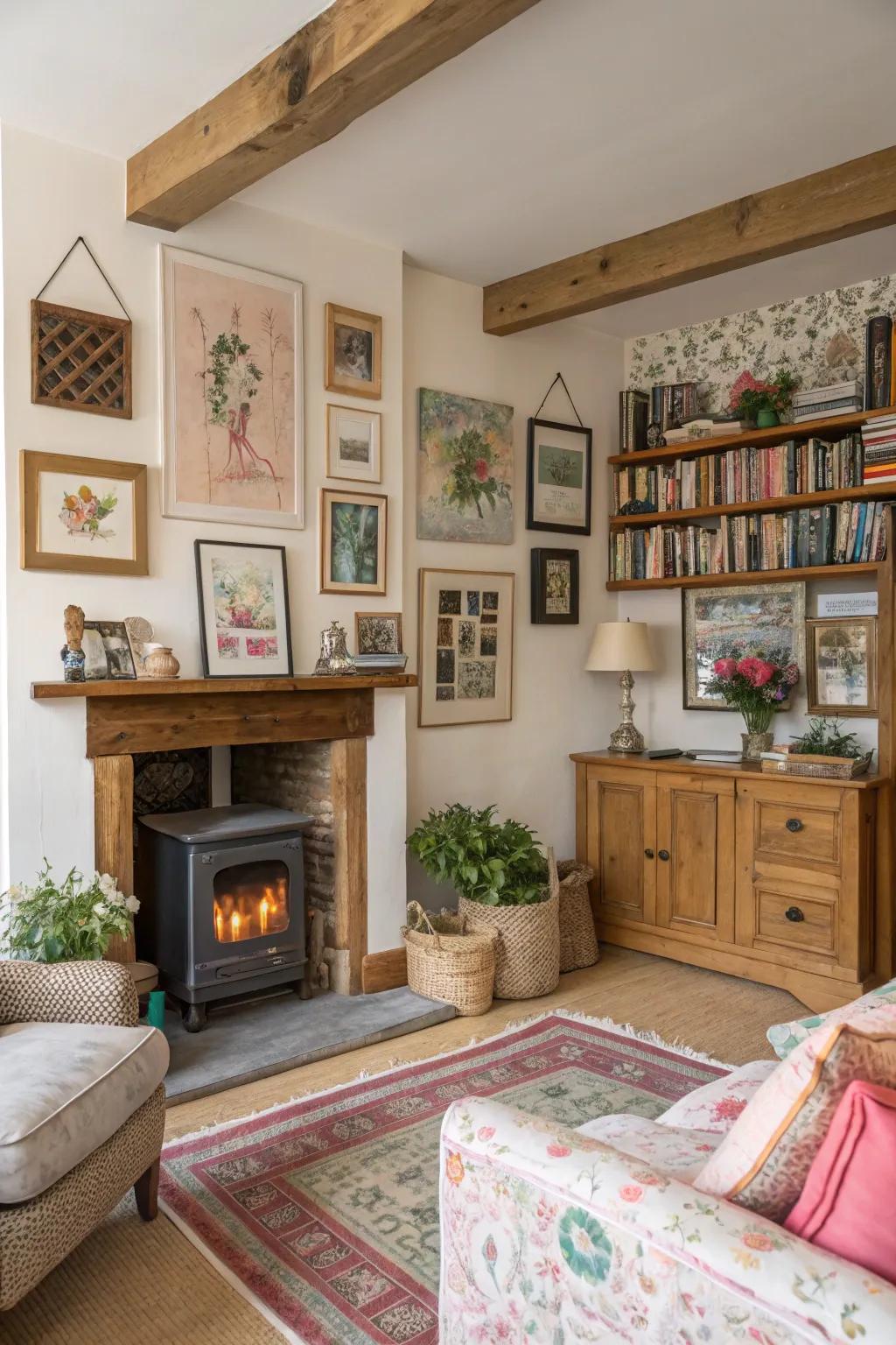 Personal touches like a gallery wall add character to this cottage living room.