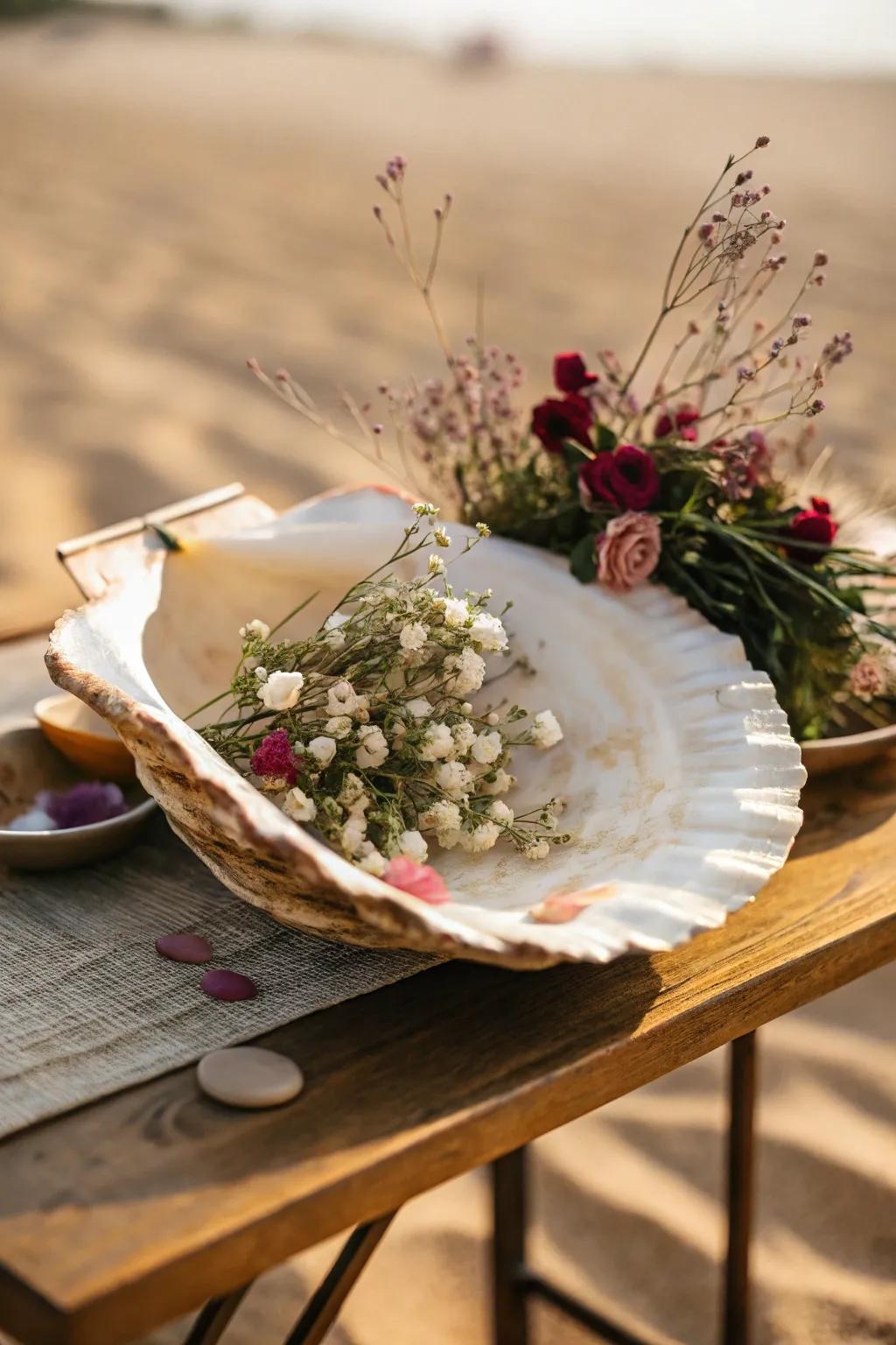 Seashells can create a unique floral display with a coastal vibe.